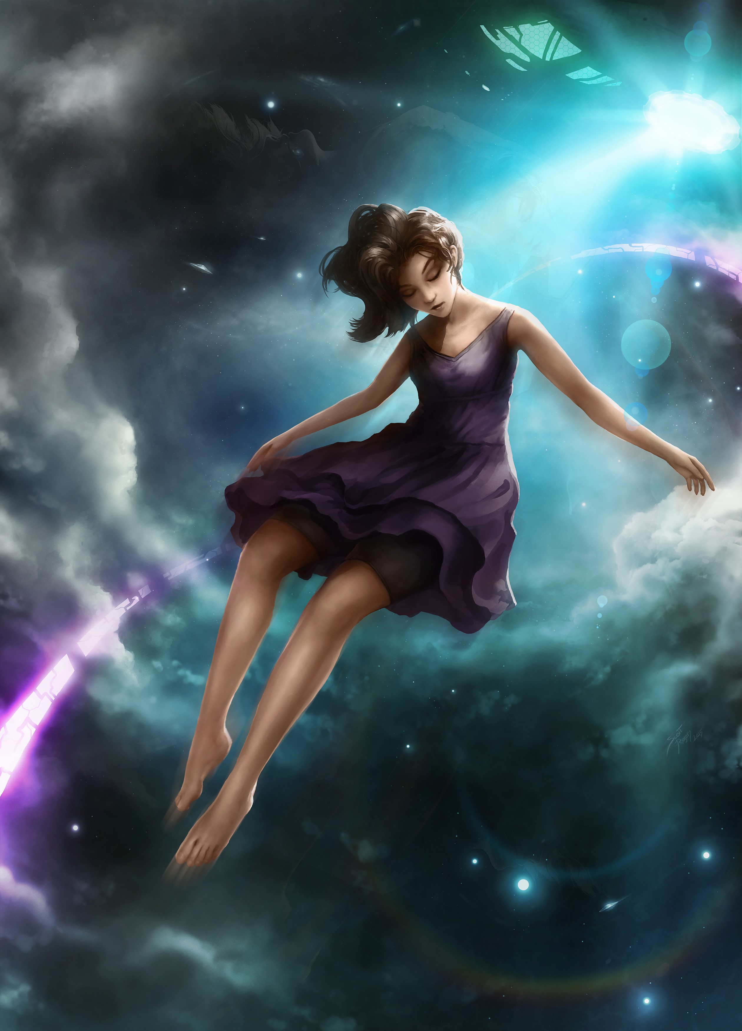 Girl in a purple dress floating in space HD Phone Wallpaper