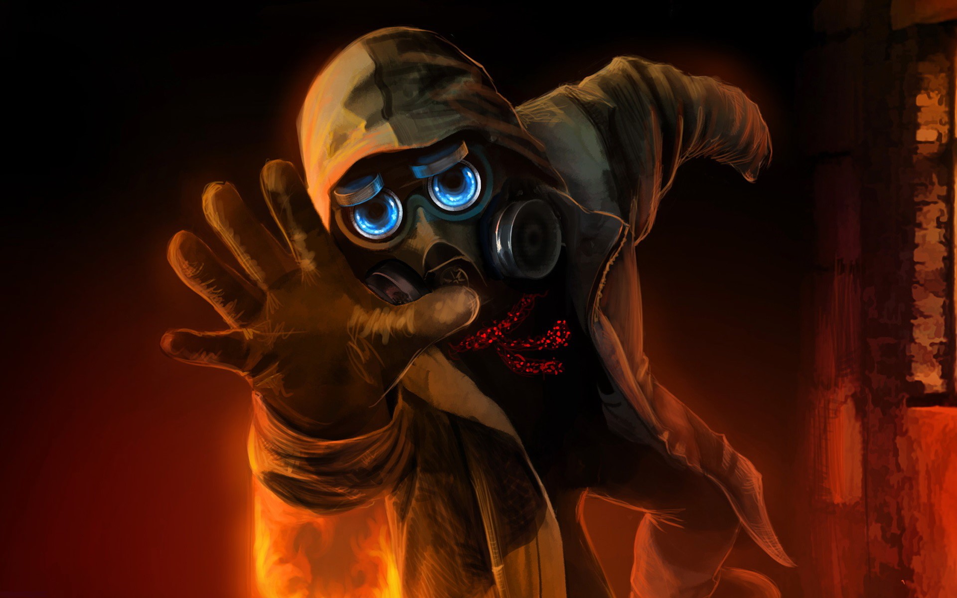 Character in gas mask with glowing eyes and red symbol HD Wallpaper