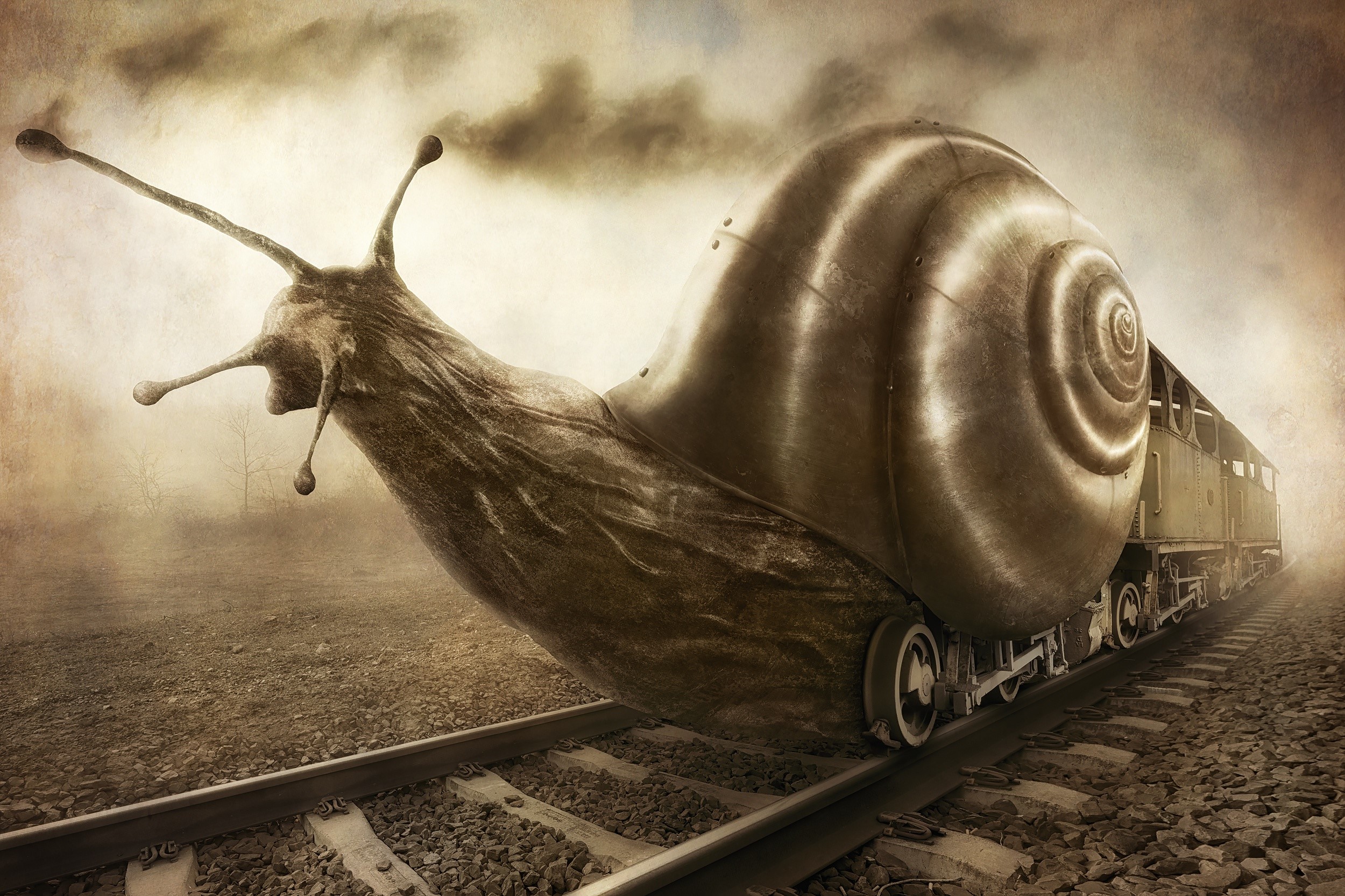 Steampunk snail train on tracks HD Wallpaper