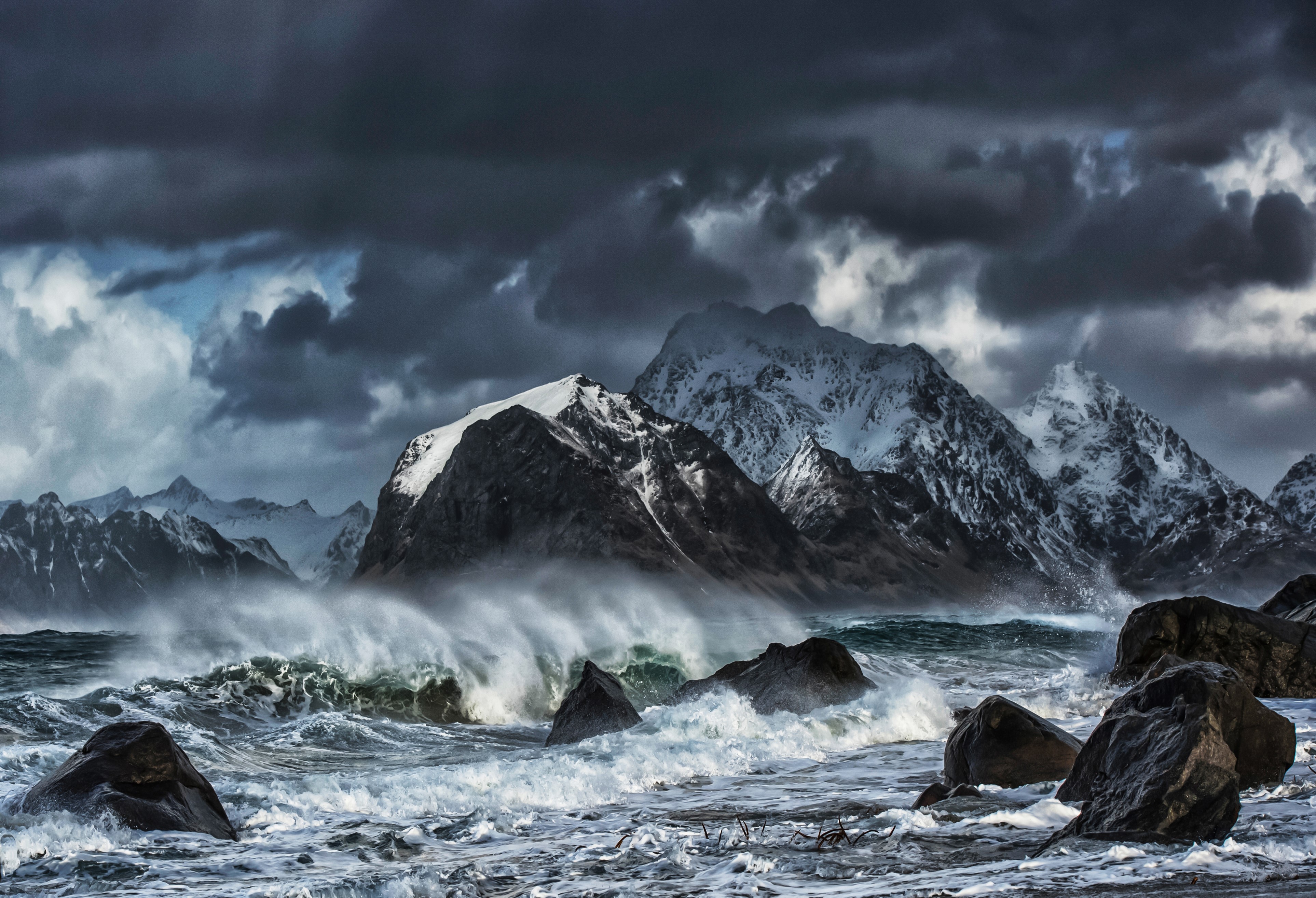 Stormy Seas and Snowy Mountains in Lofoten, Norway HD Wallpaper