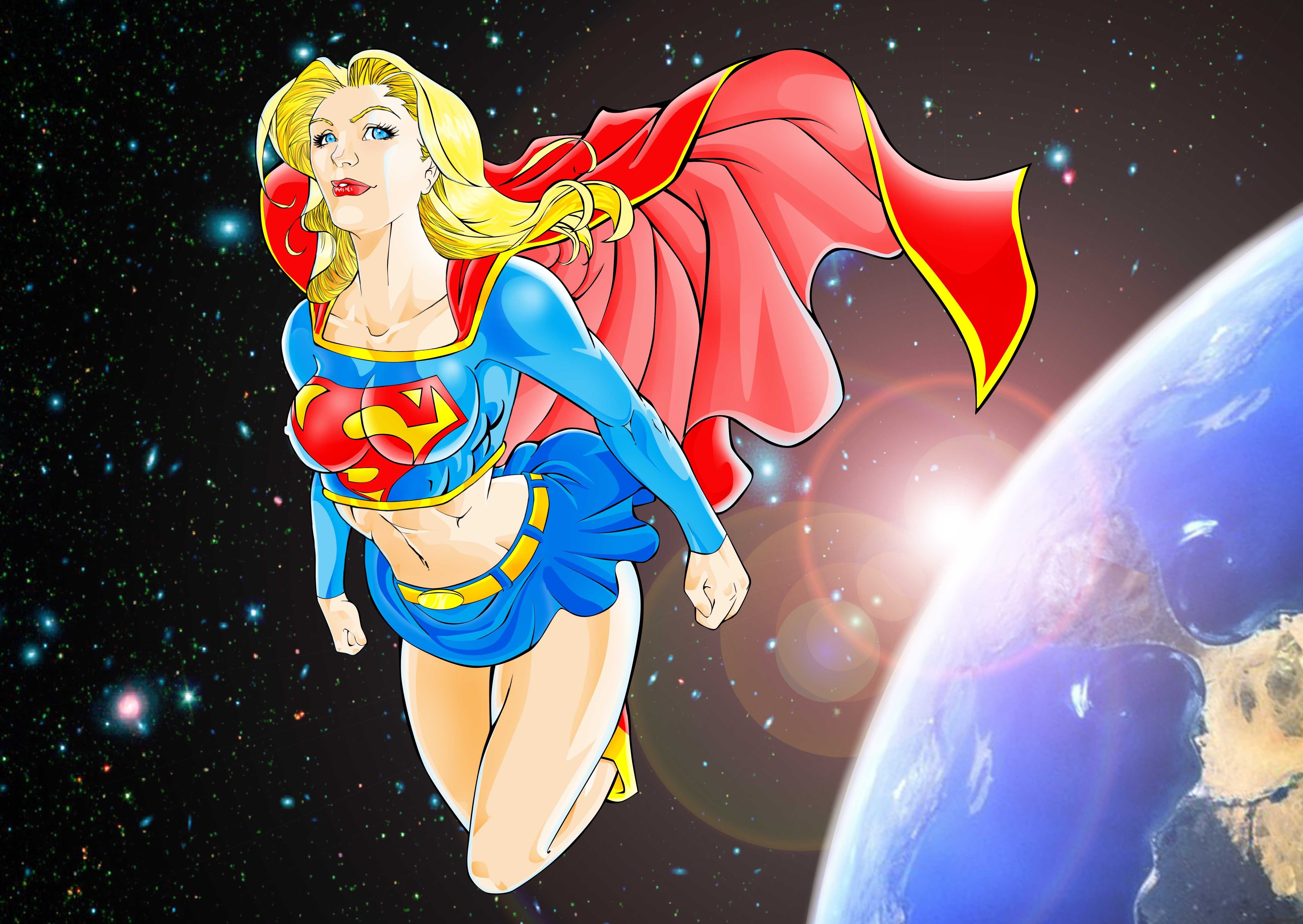 Supergirl flying in space near Earth HD Wallpaper