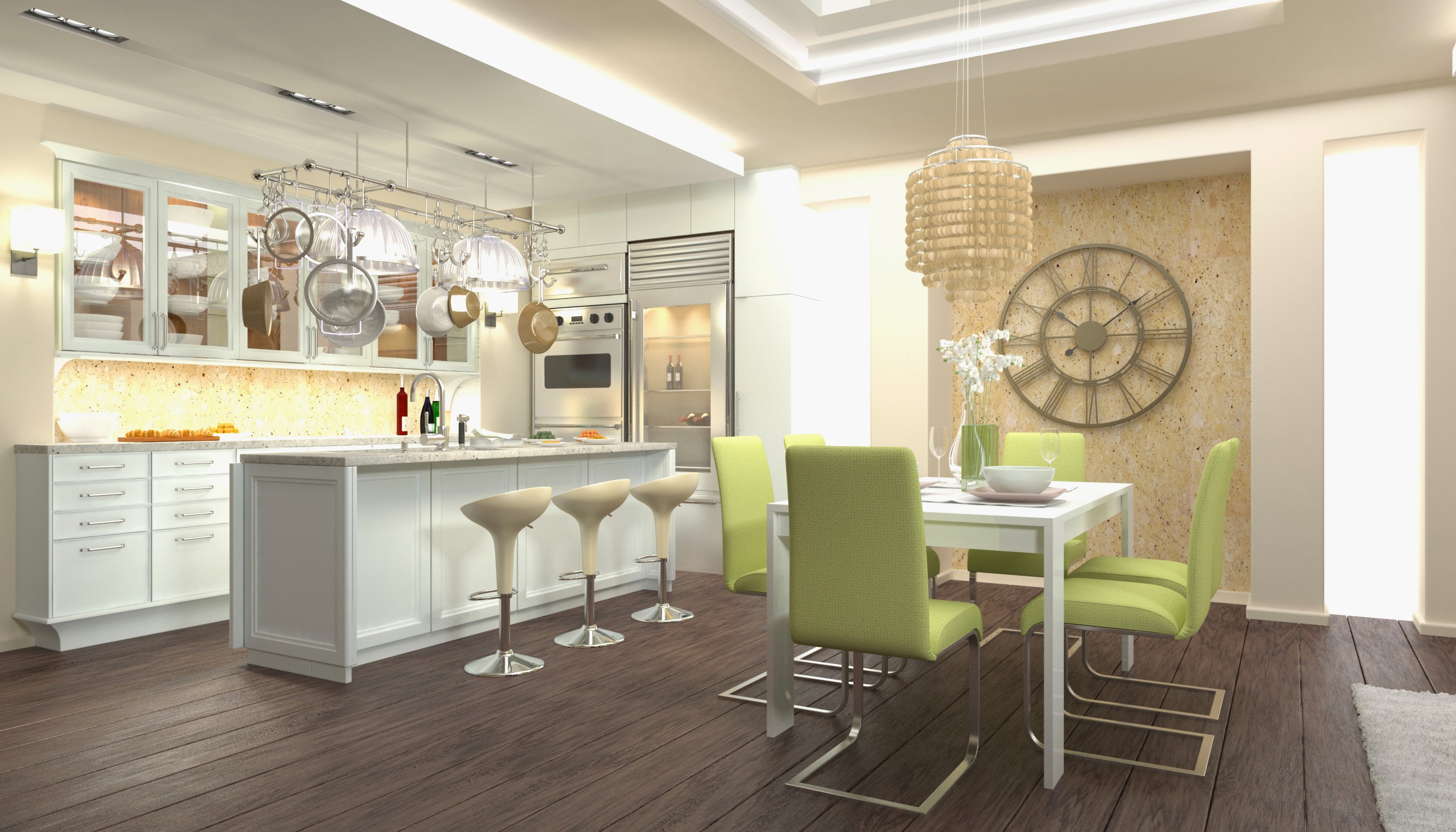 Modern kitchen and dining area with island and table HD Wallpaper