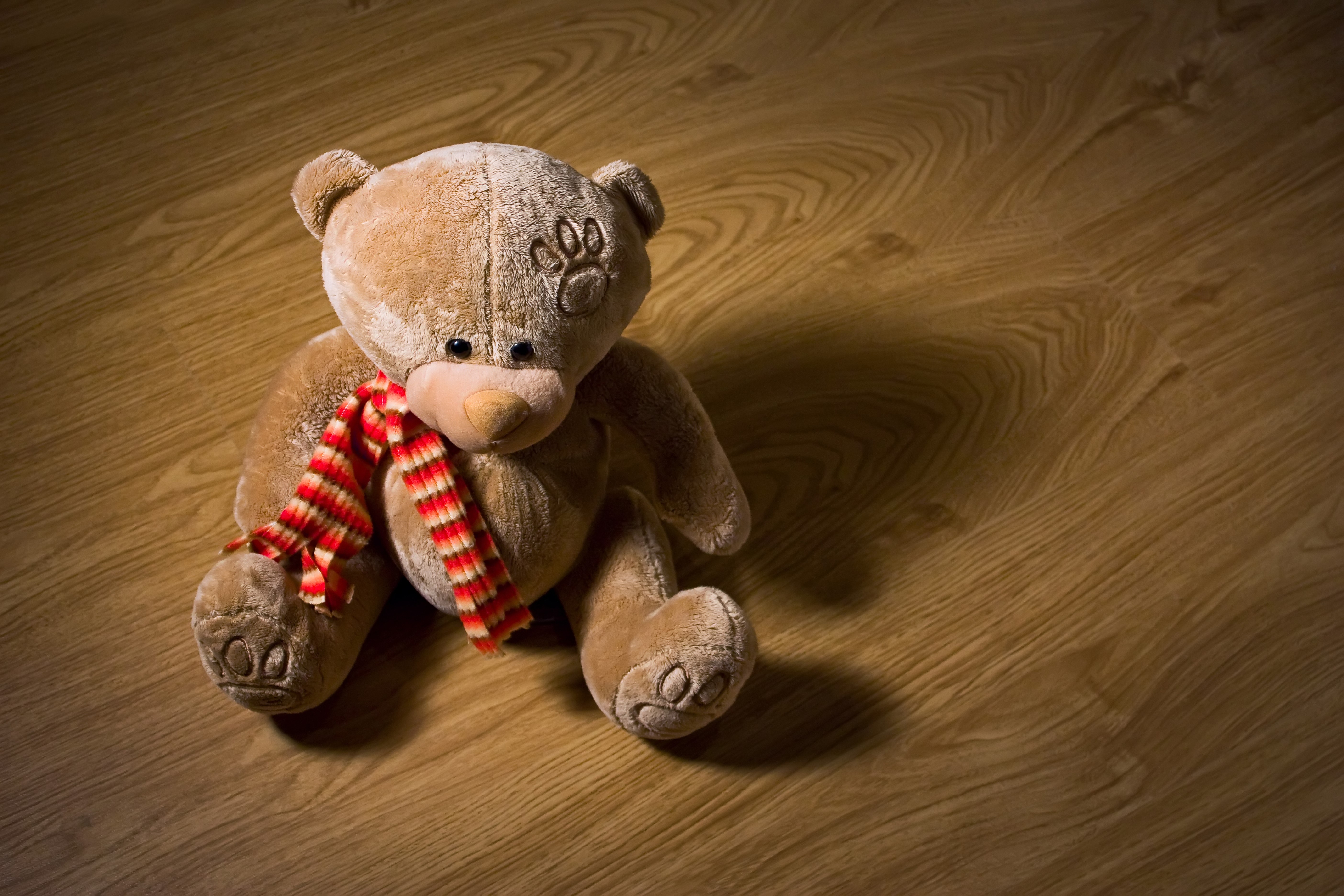 Teddy bear with scarf sitting on wooden floor HD Wallpaper