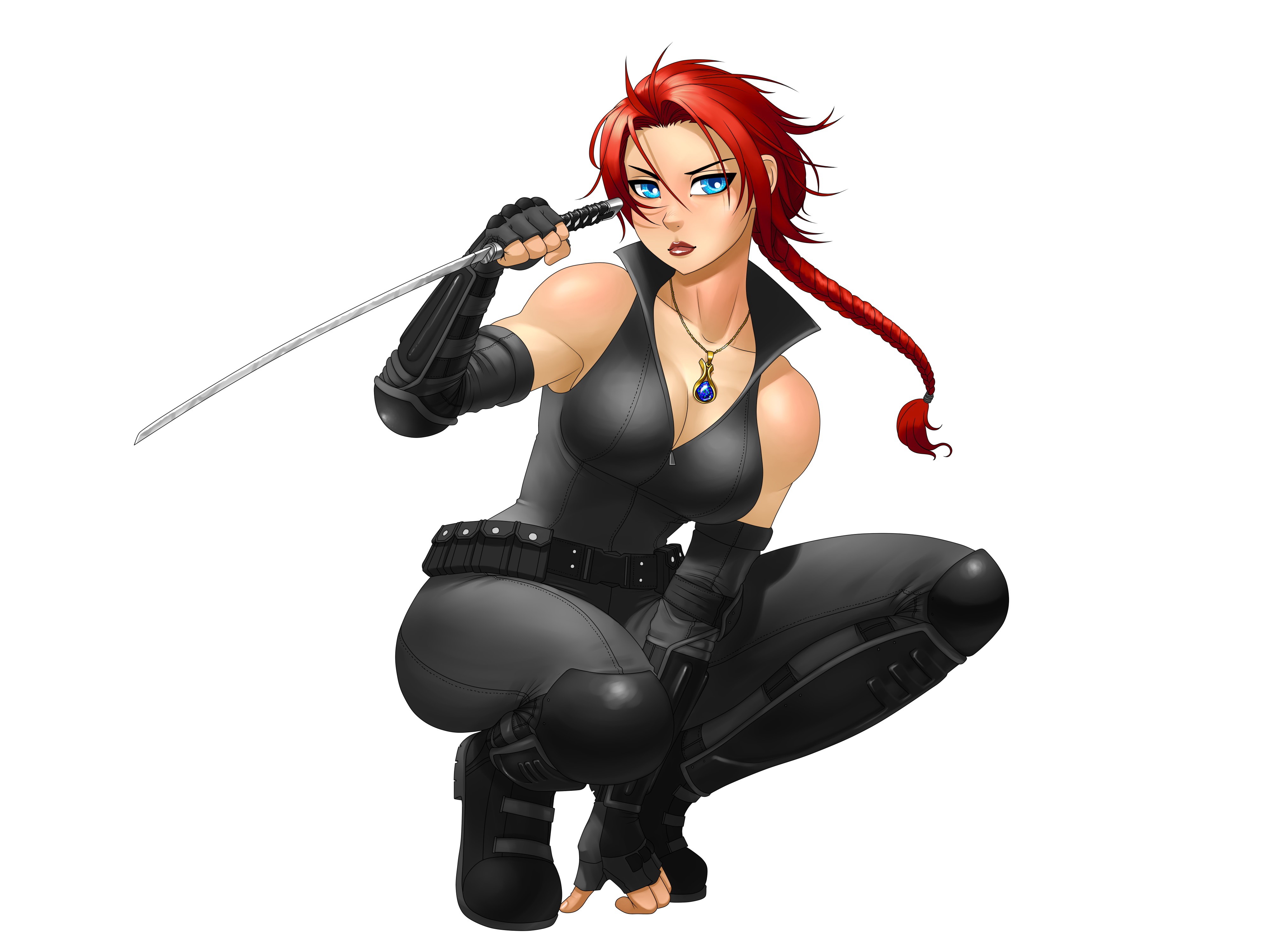 Woman with Katana and Braid Hair HD Wallpaper