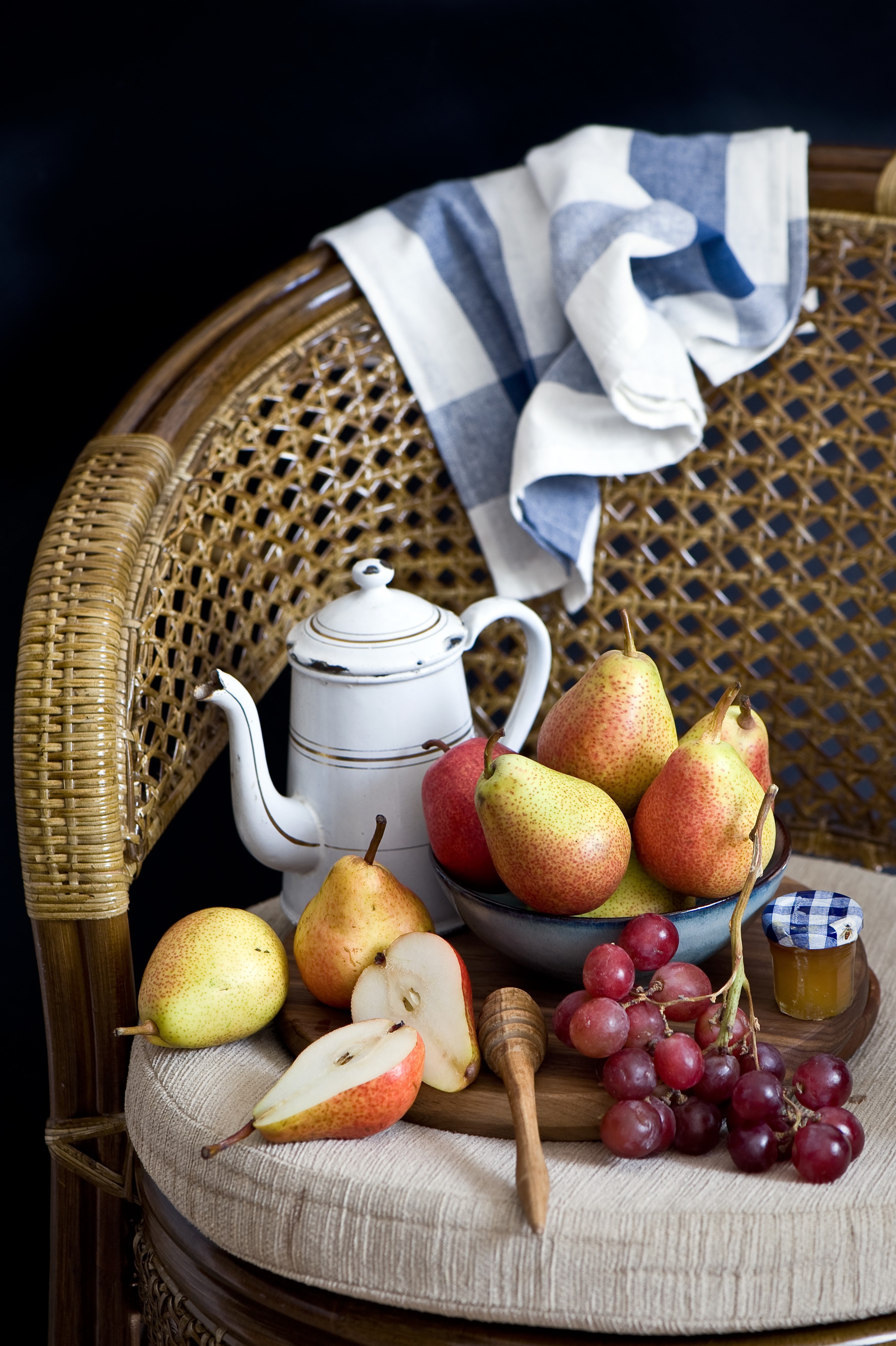 Still life with pears, grapes, honey, and kettle HD Phone Wallpaper