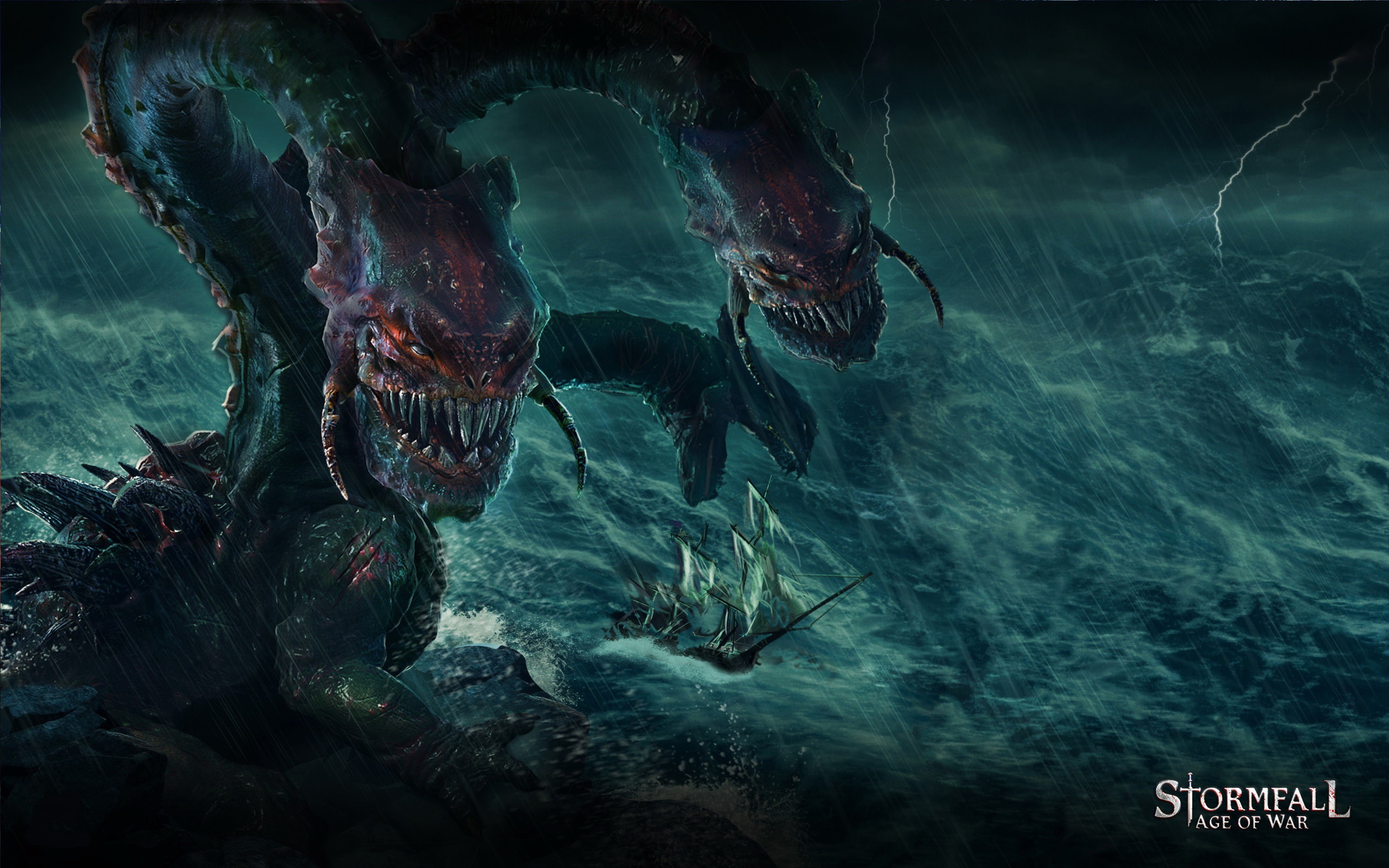 Monster attacking a ship in a storm from Stormfall: Age of War HD Wallpaper