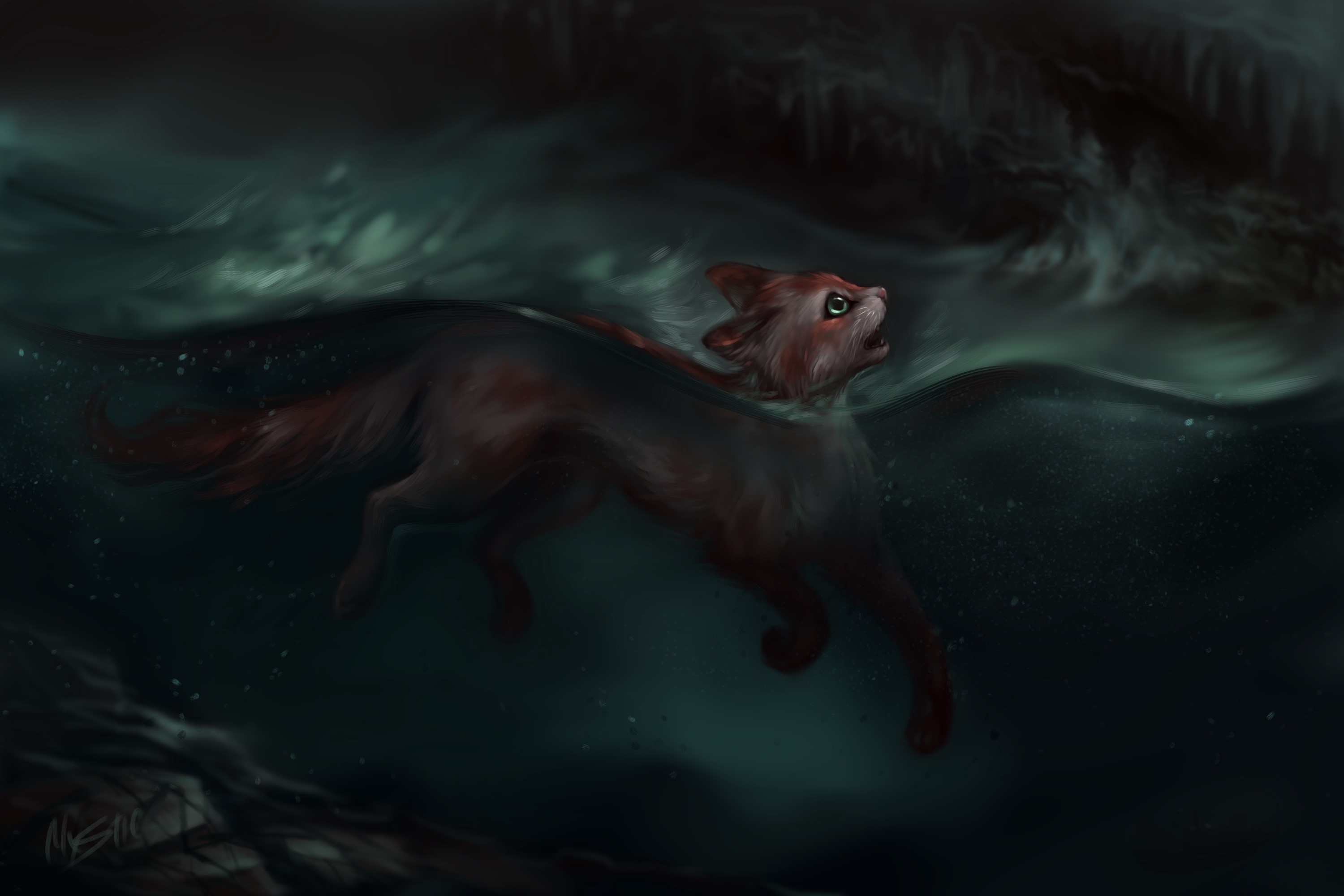 Painting of a cat swimming in dark water HD Wallpaper