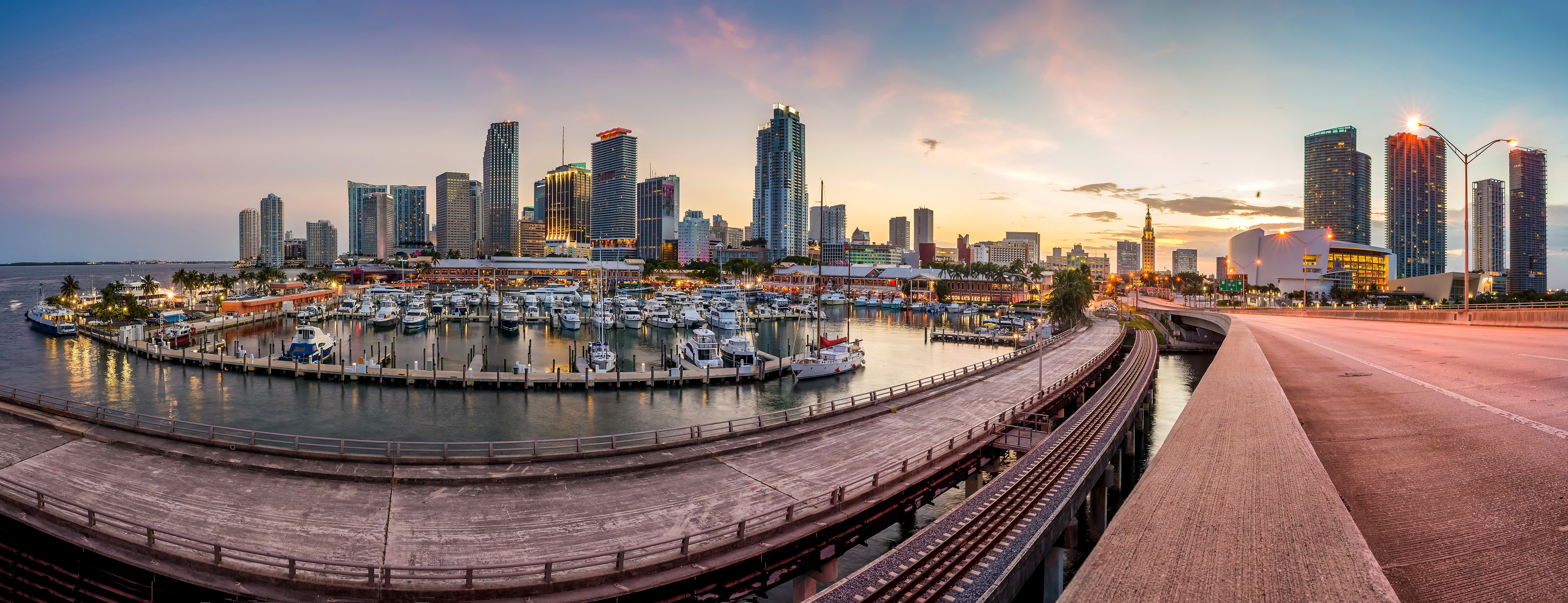 Miami Skyline and Marina at Dusk HD Wallpaper