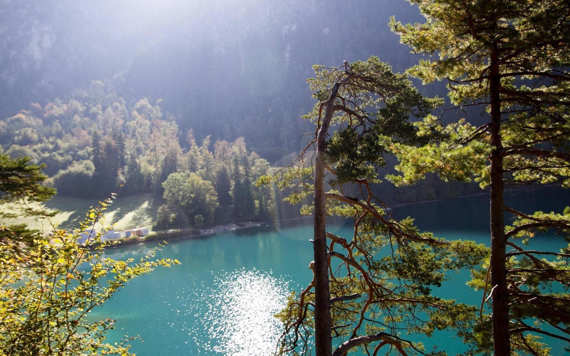 Turquoise lake surrounded by forest and trees HD Wallpaper