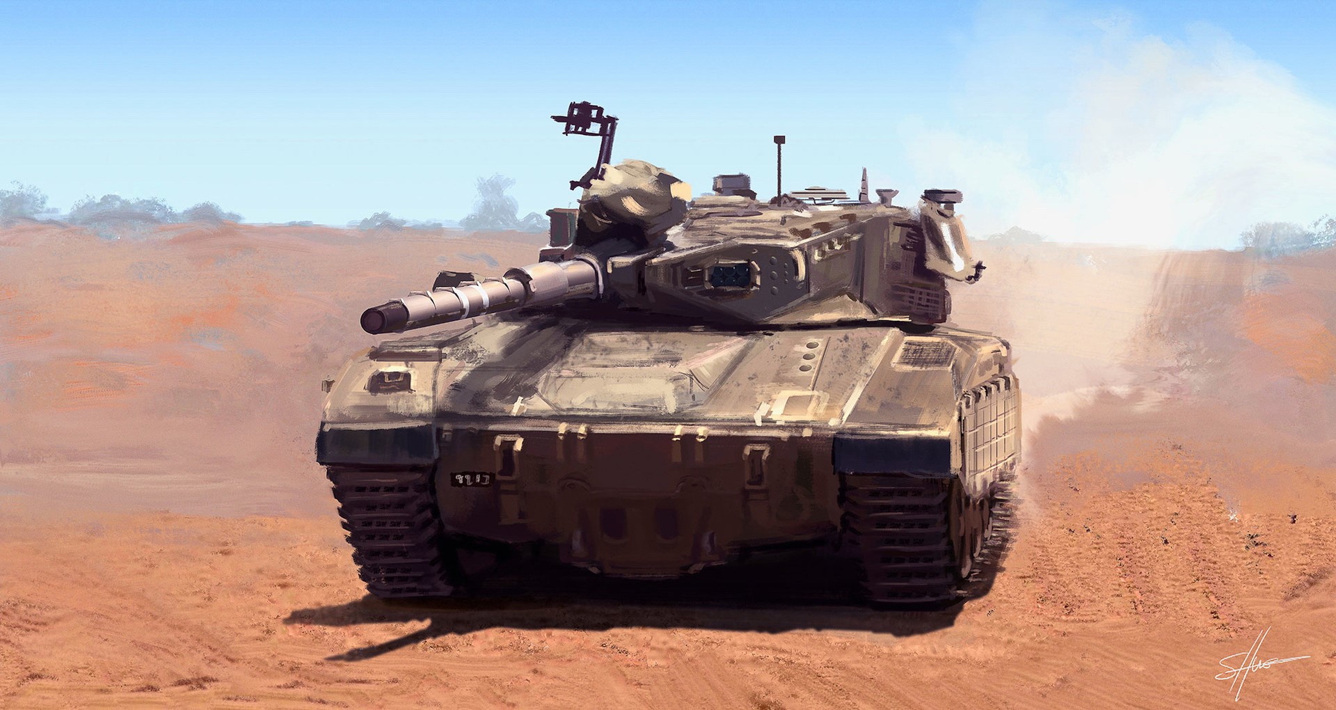 Merkava tank in a desert landscape painting HD Wallpaper