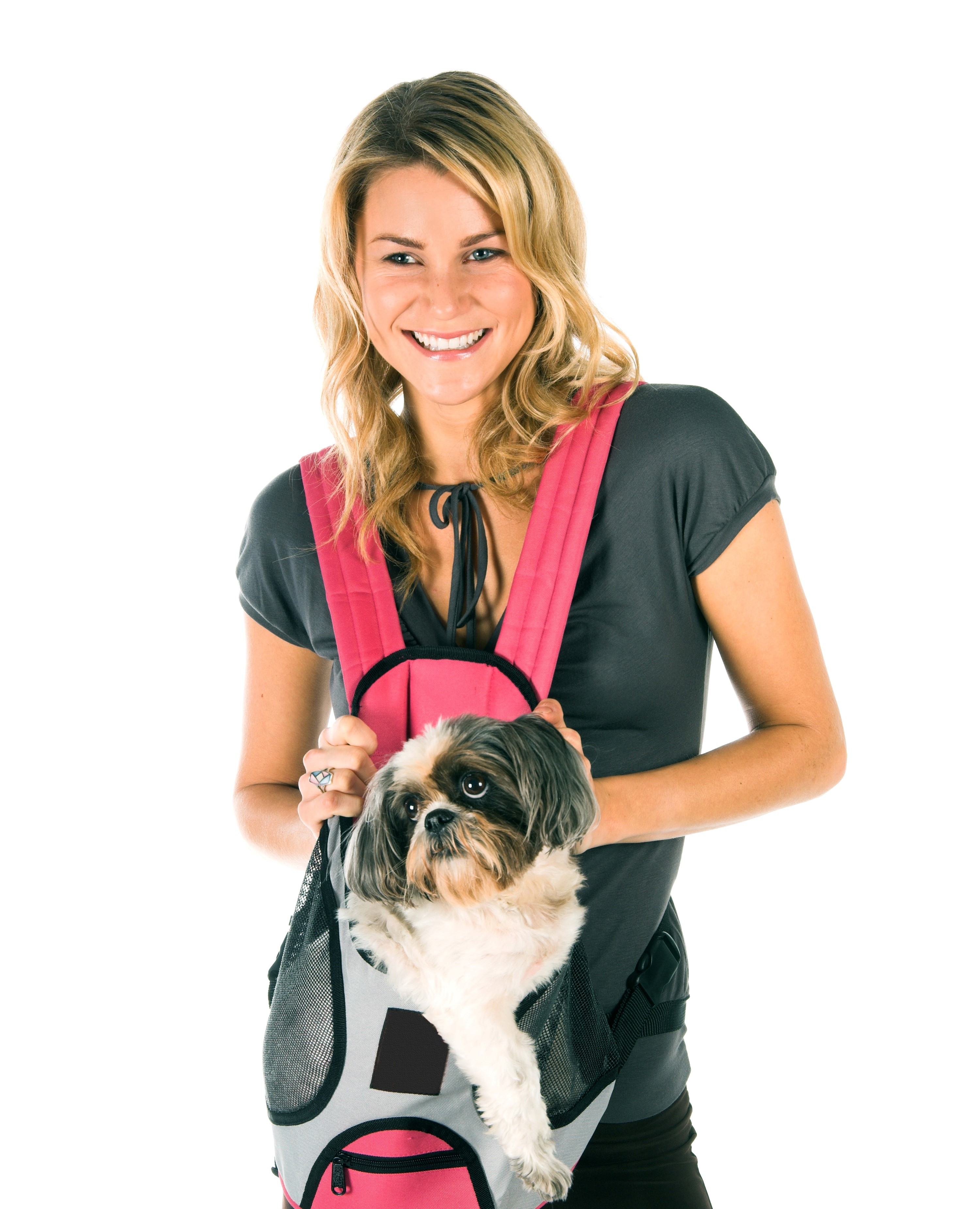 Woman smiling with a Shih Tzu in a backpack carrier HD Phone Wallpaper