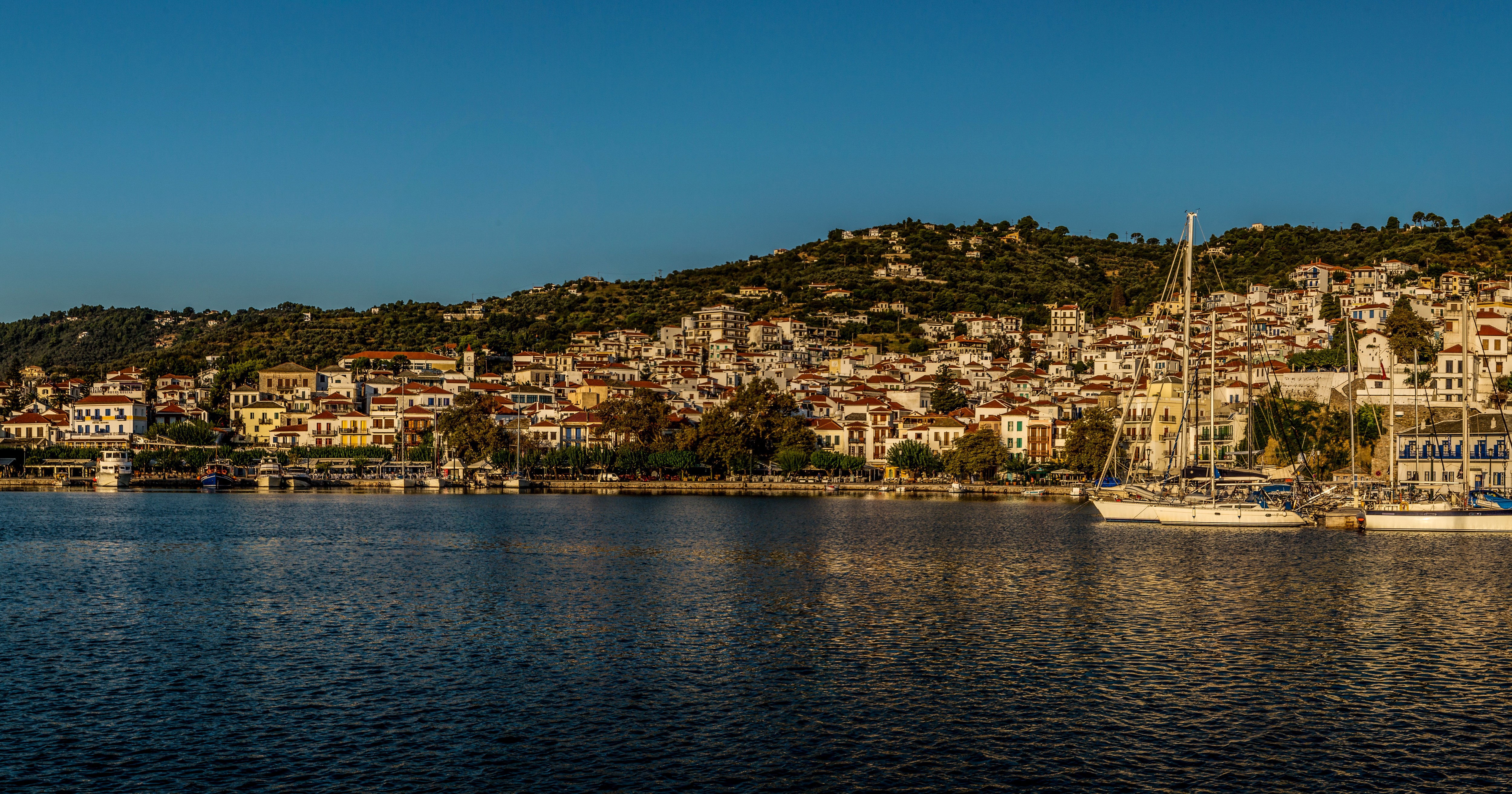Skopelos Greece Houses Sea Marinas Coast 4K HD Wallpaper