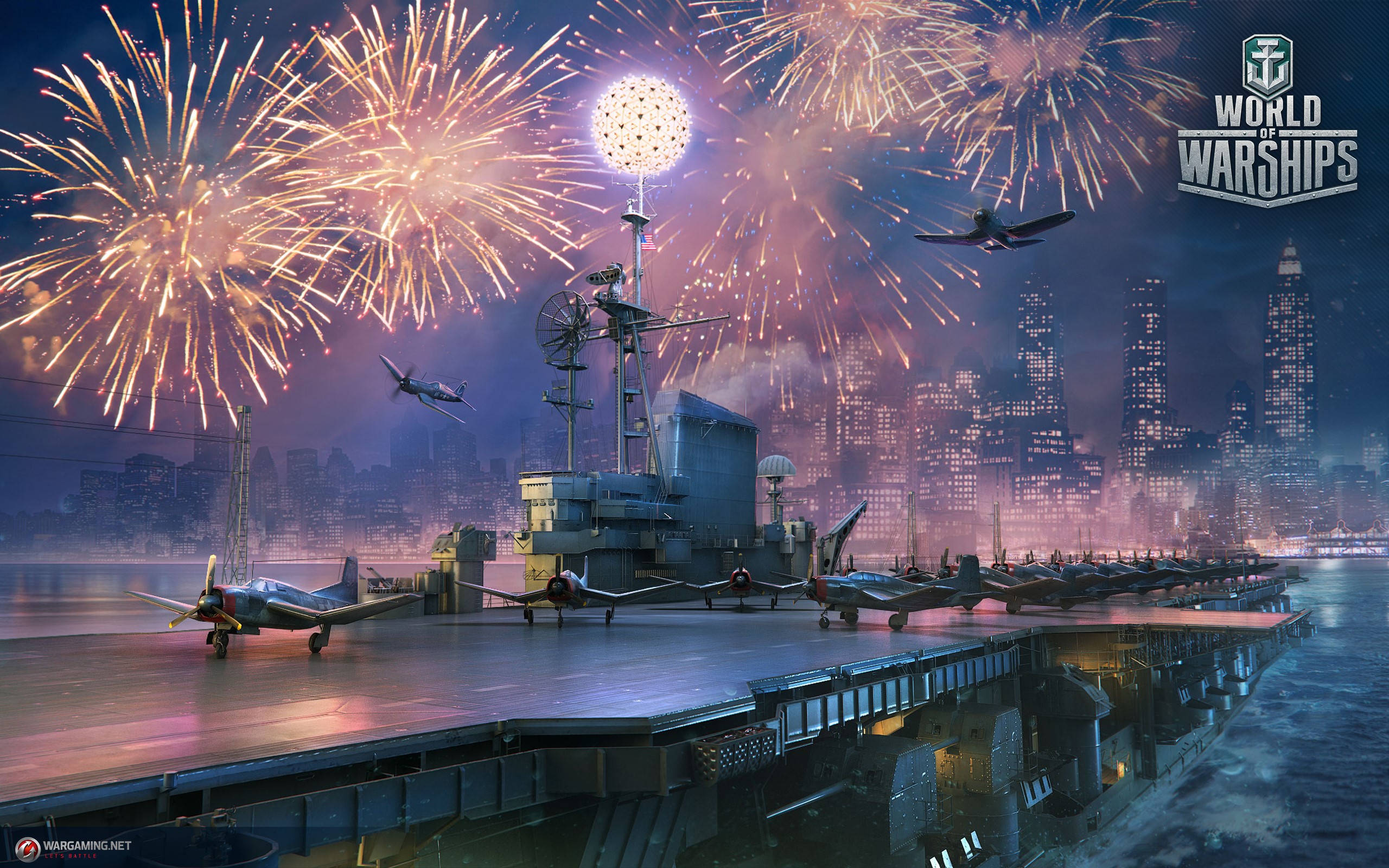 World of Warships Aircraft Carrier with Airplanes and Fireworks HD Wallpaper