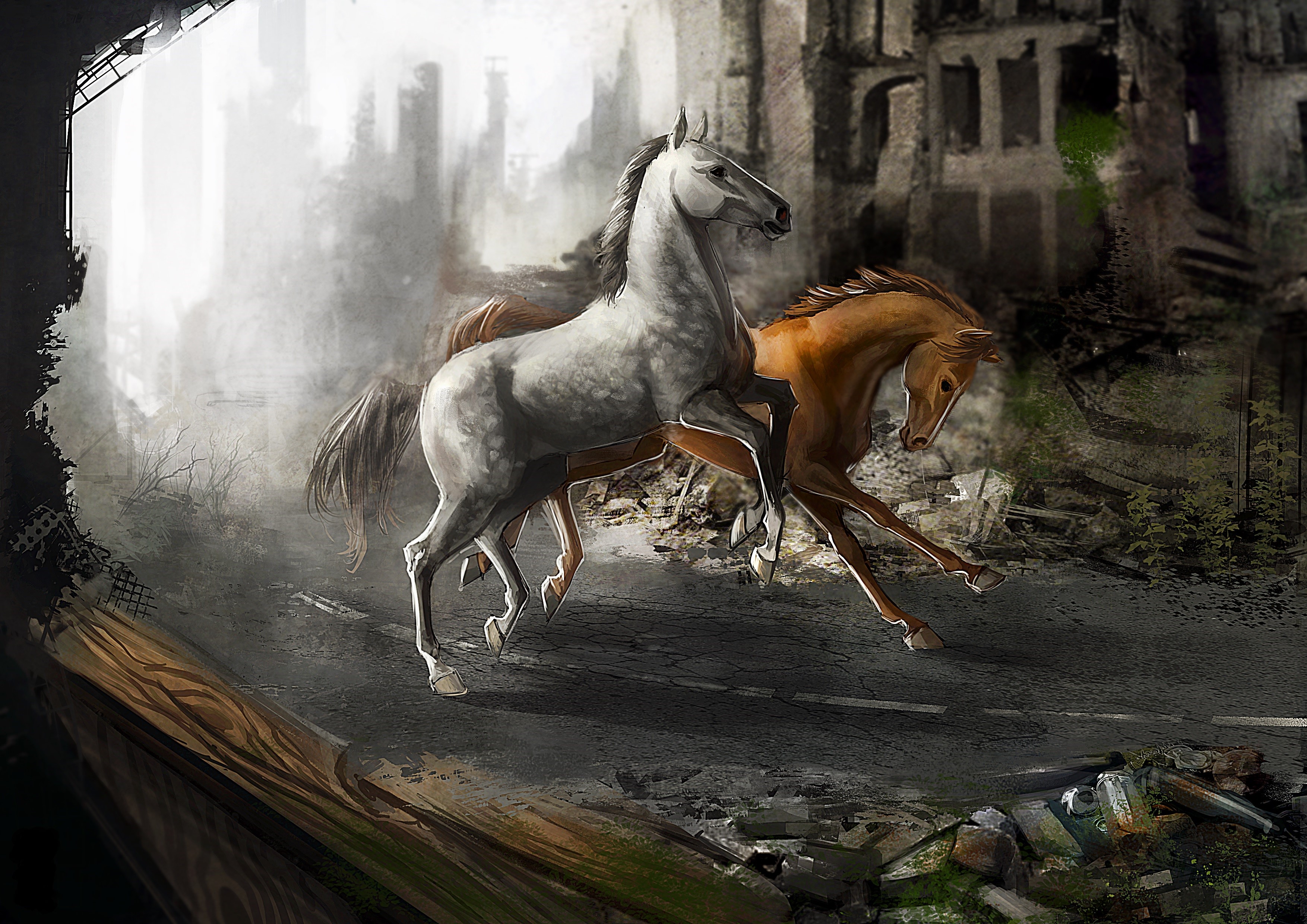 Two horses running through a destroyed city HD Wallpaper