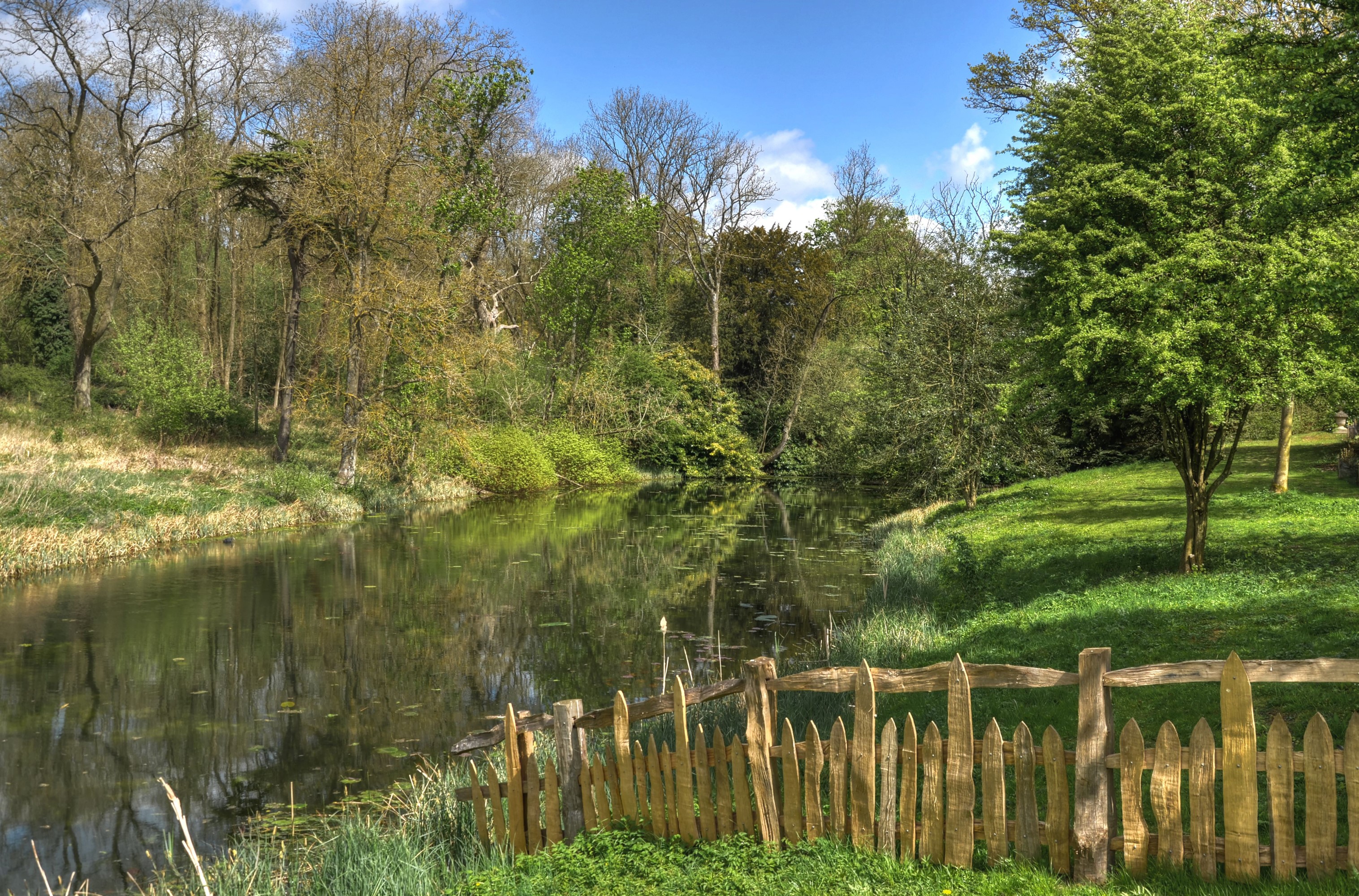 Pond and trees in Stowe Landscape Gardens, England HD Wallpaper