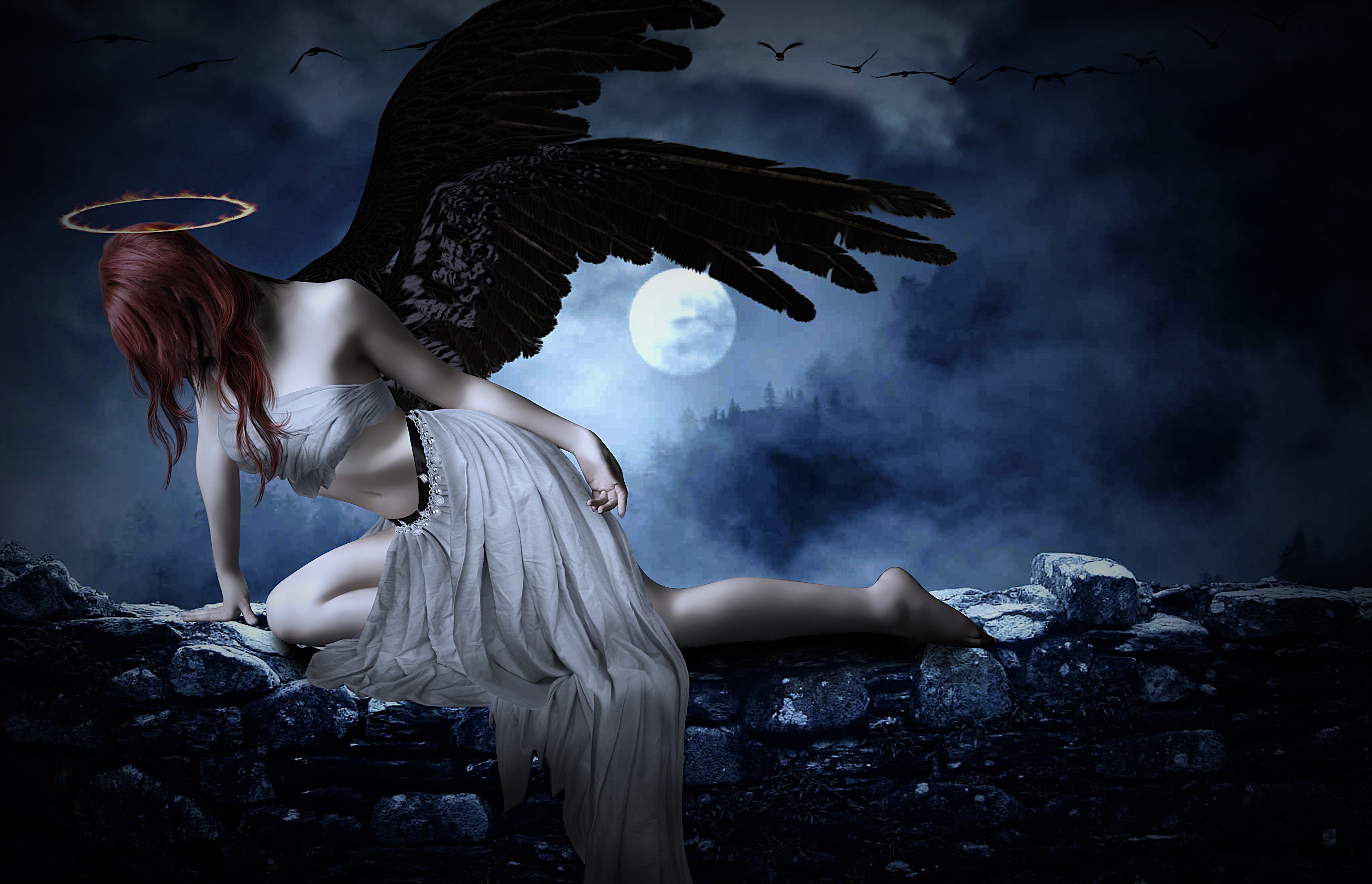 Angel with black wings and halo at night HD Wallpaper