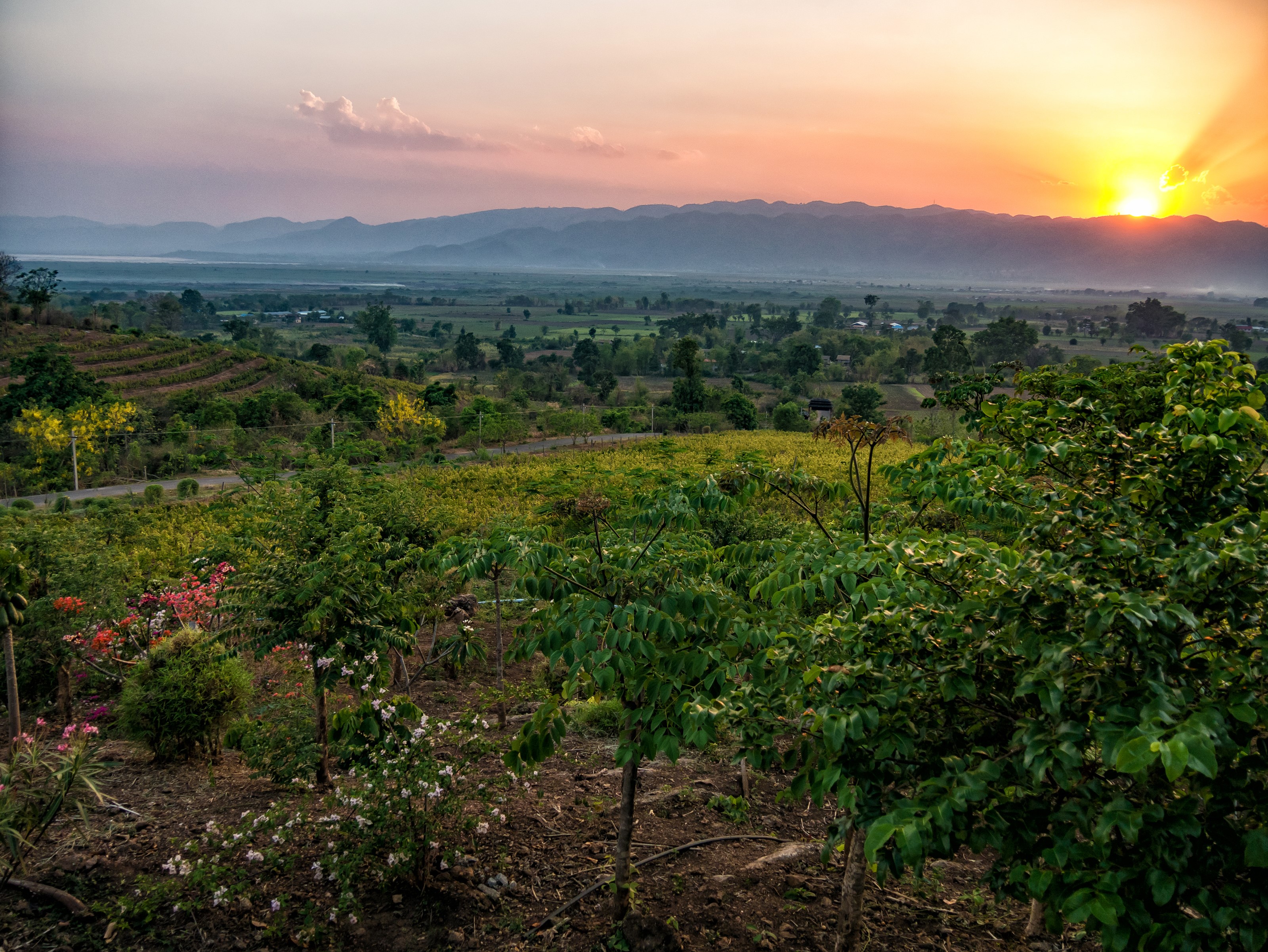 Sunset over fields and mountains in Myanmar HD Wallpaper