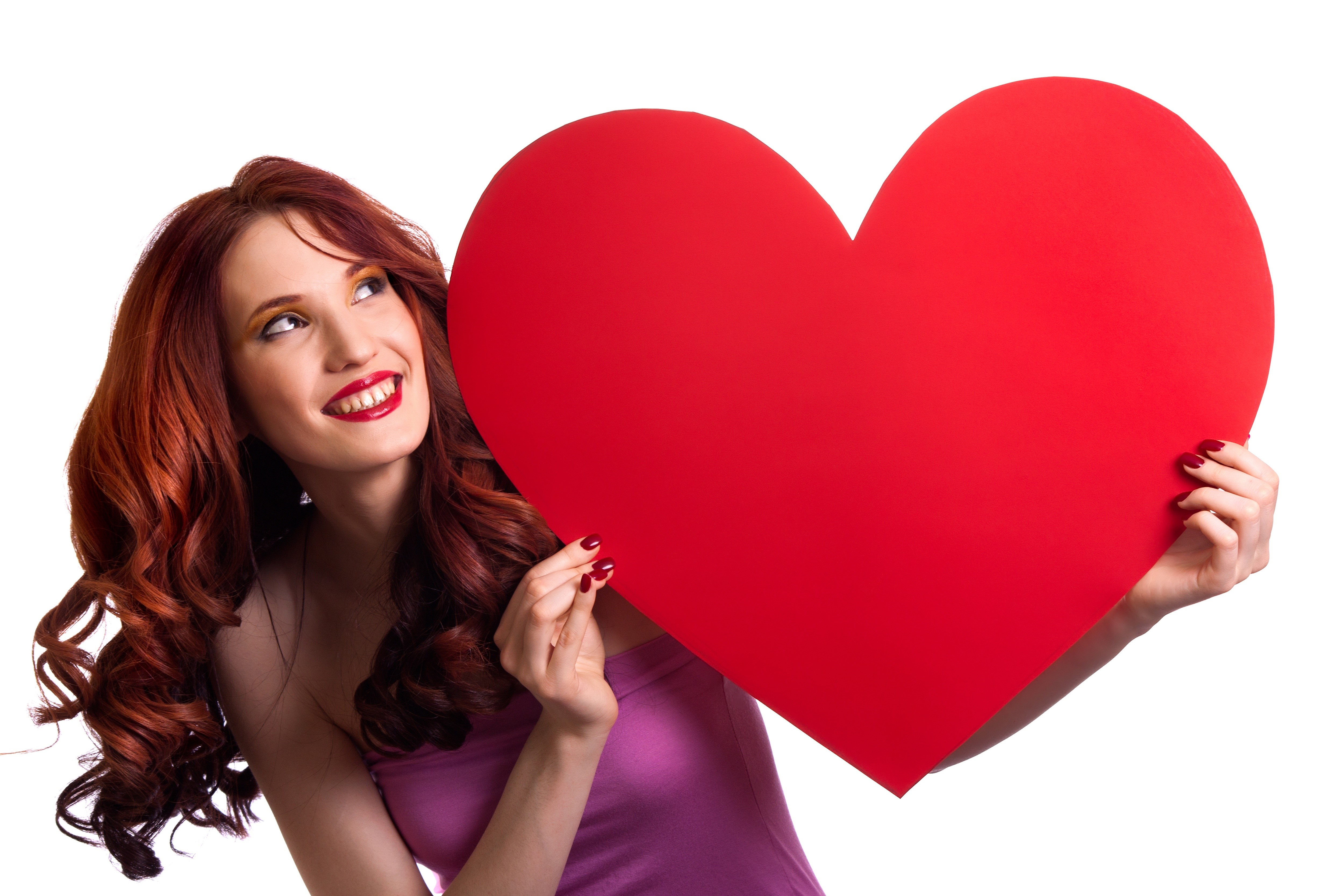 Woman holding a red heart on white background HD Wallpaper
