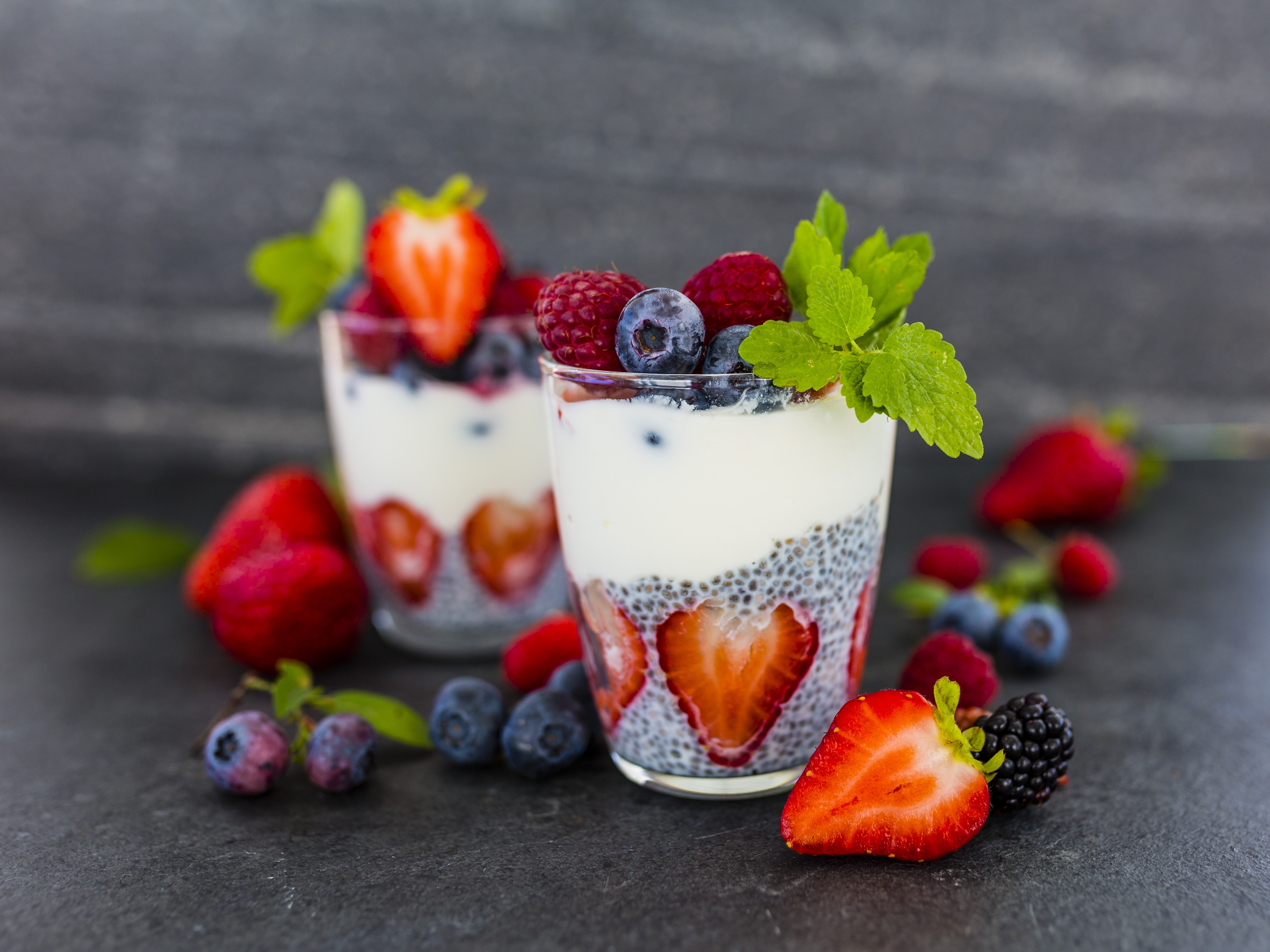 Yogurt Parfaits with Berries and Mint HD Wallpaper