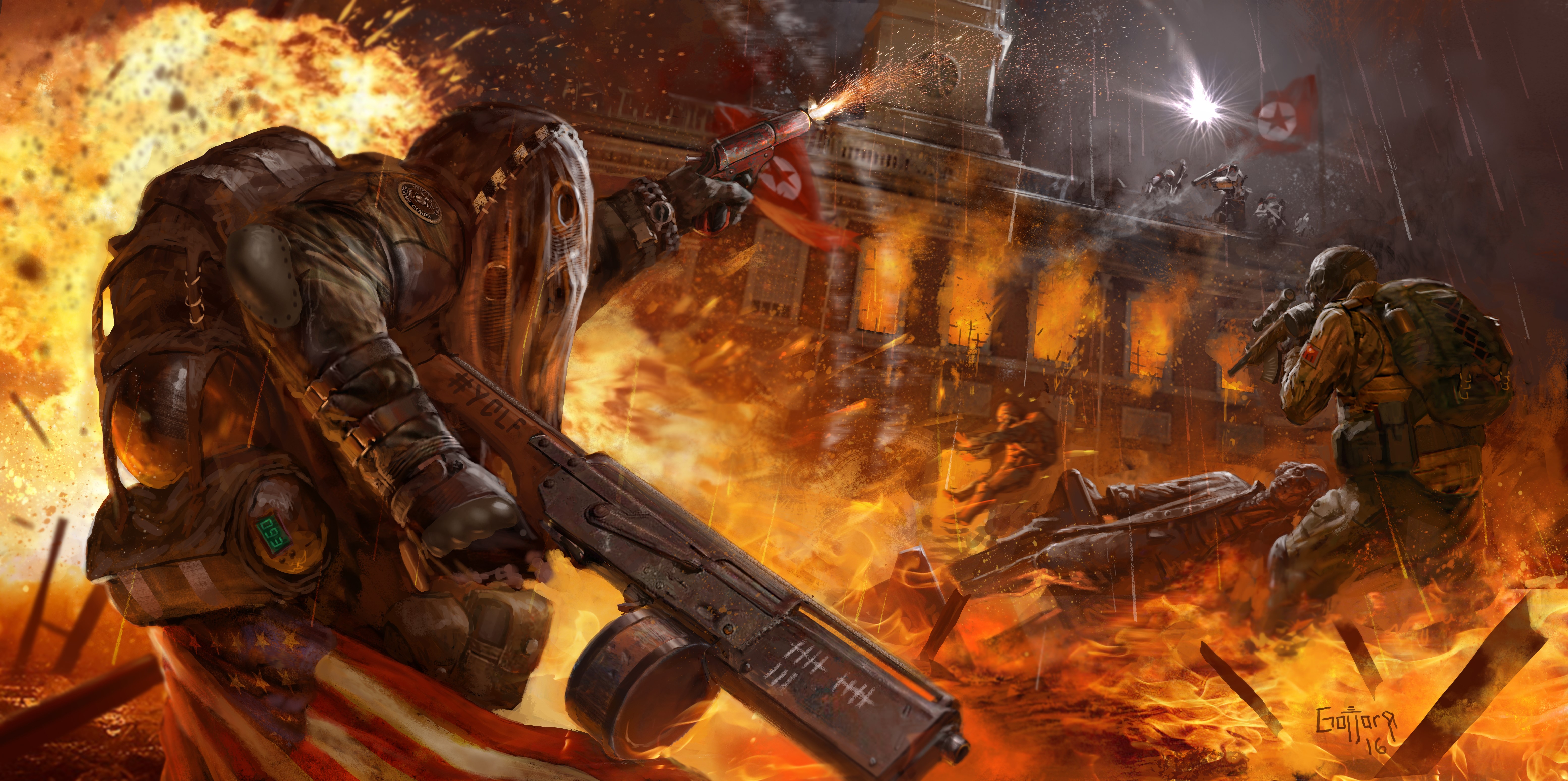 Warriors in a burning city with North Korean flag HD Wallpaper