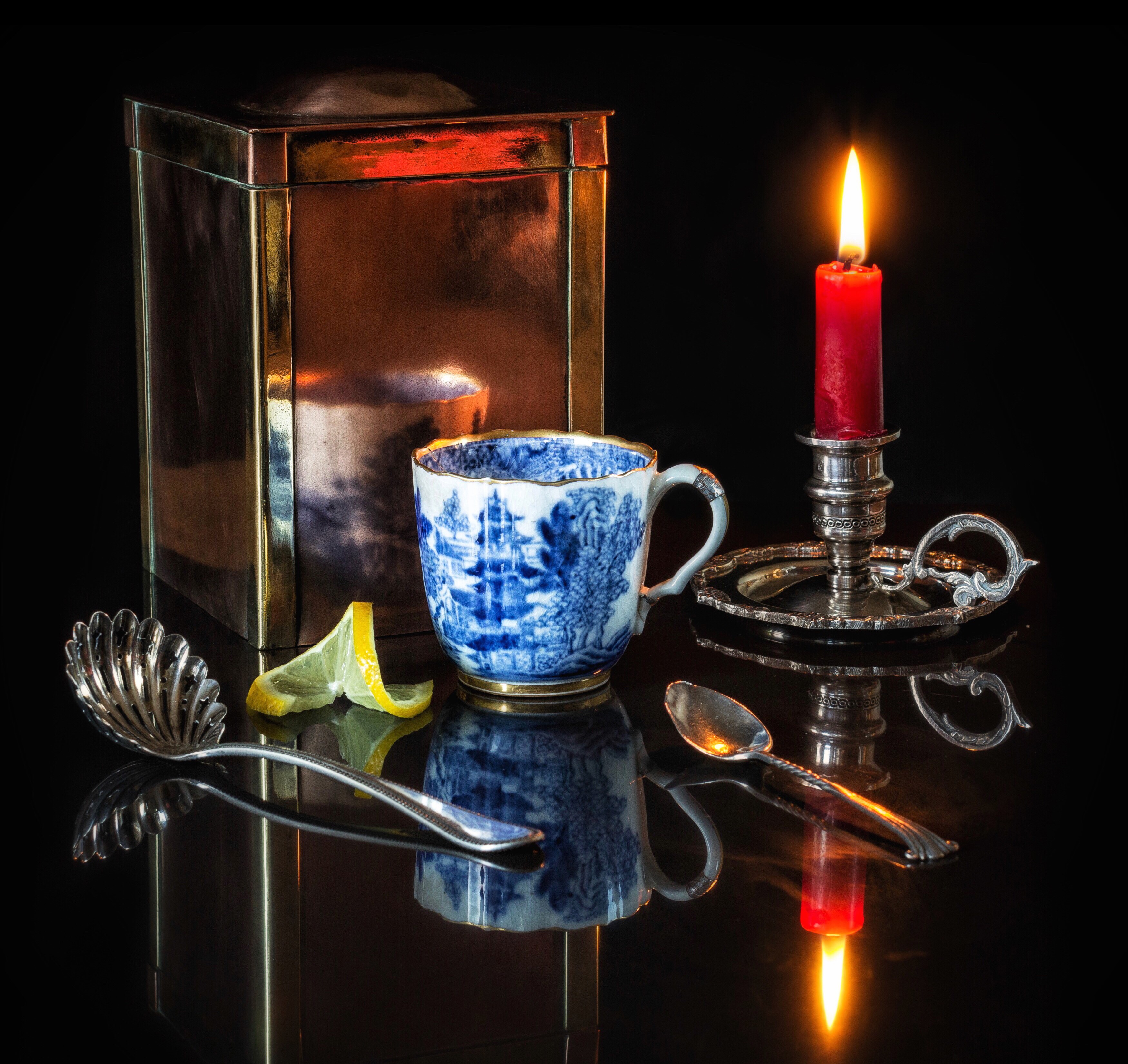 Still-life with tea set, candle, and lemon slice HD Wallpaper