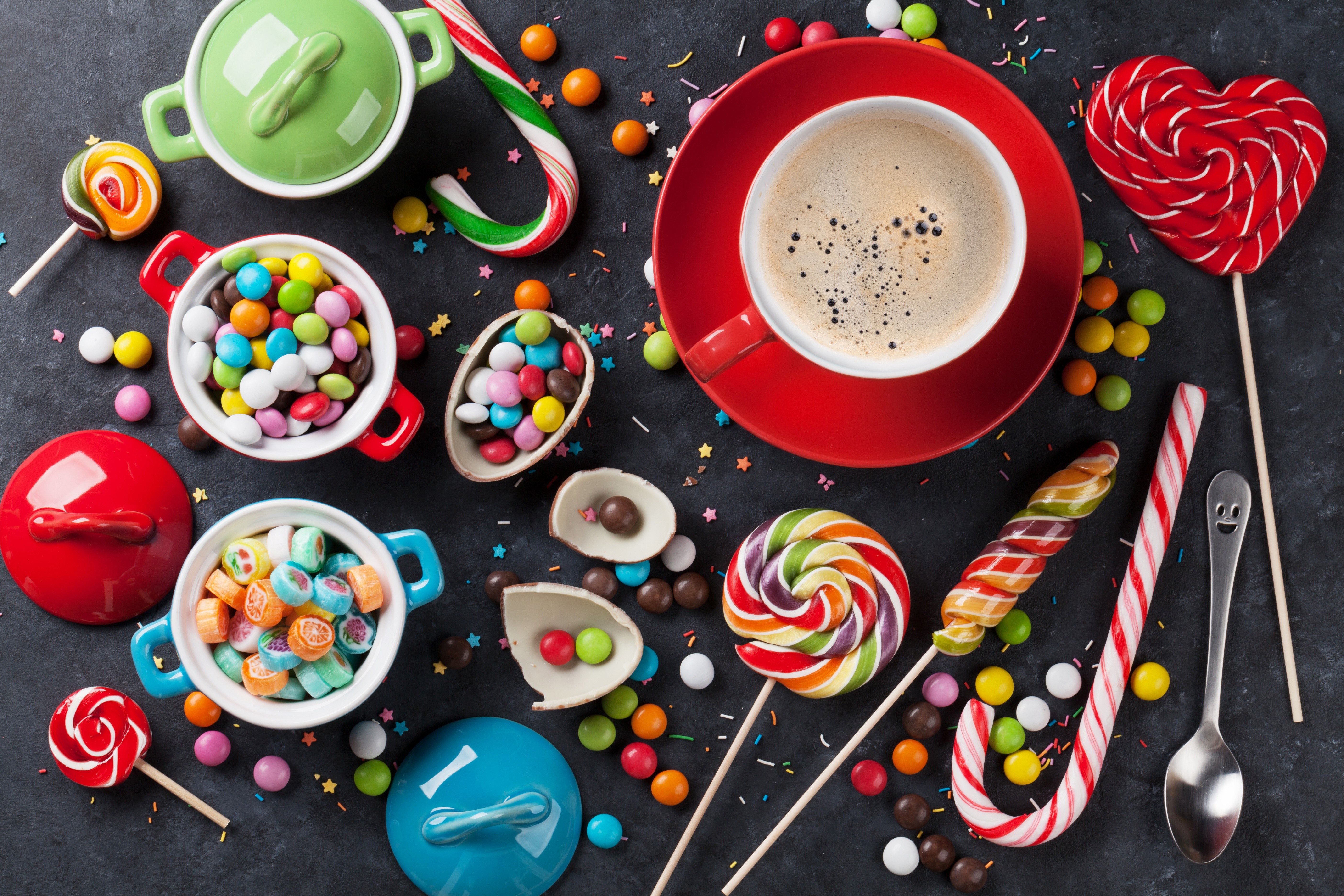 Coffee cup with lollipops and candies HD Wallpaper