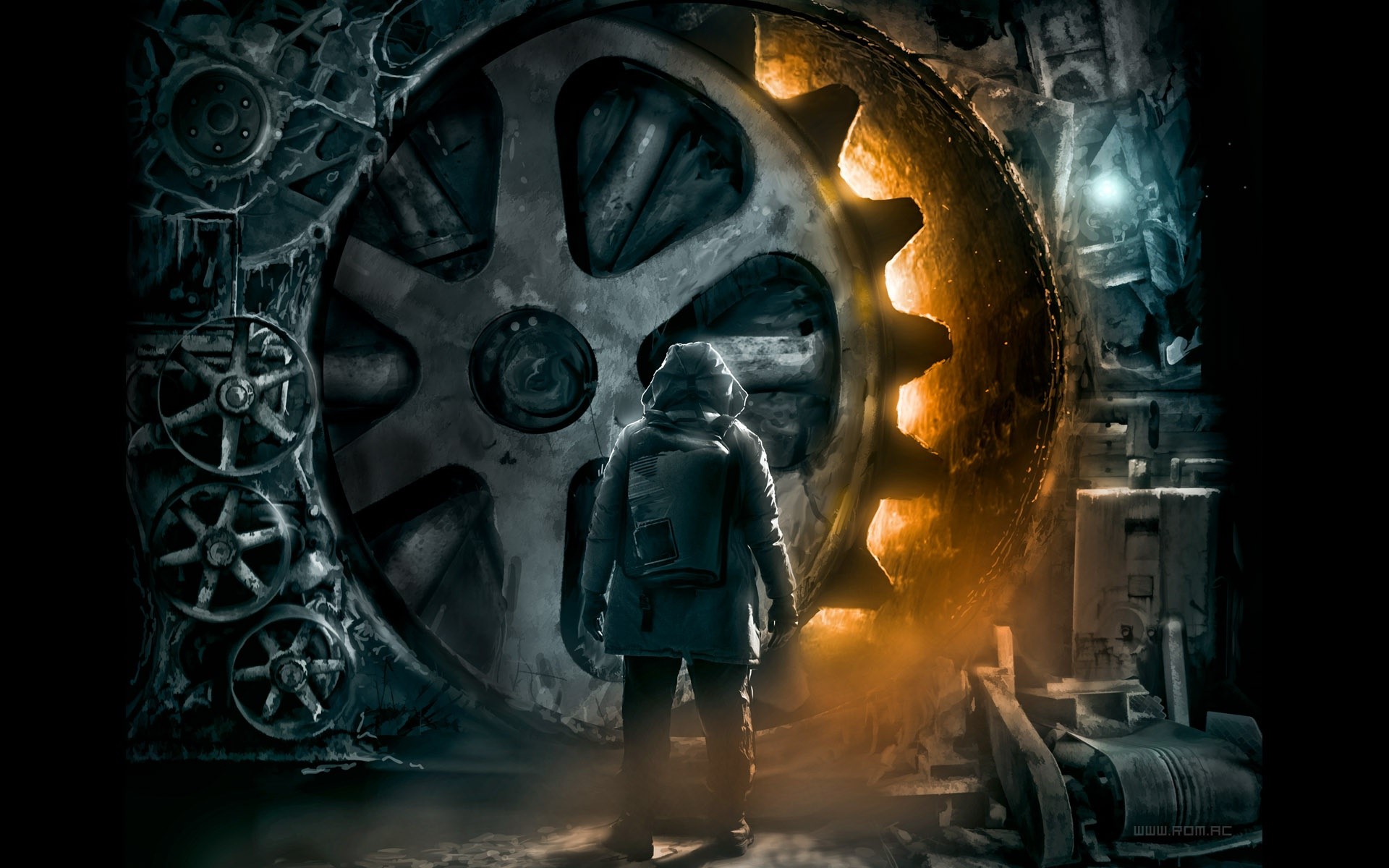 Person in hooded jacket facing a giant gear HD Wallpaper