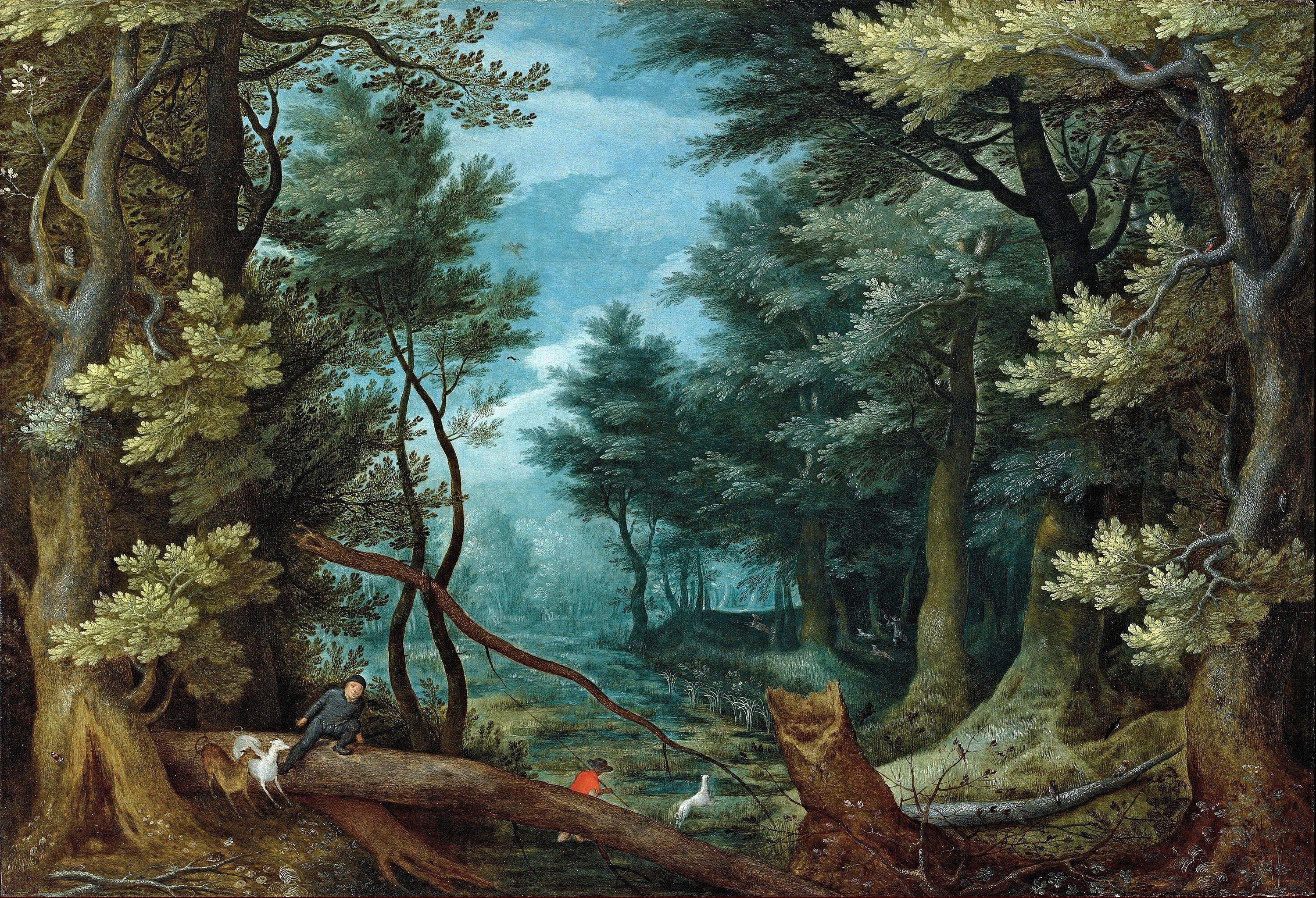 Forest landscape with hunters and stag by Jan Brueghel the Elder HD Wallpaper