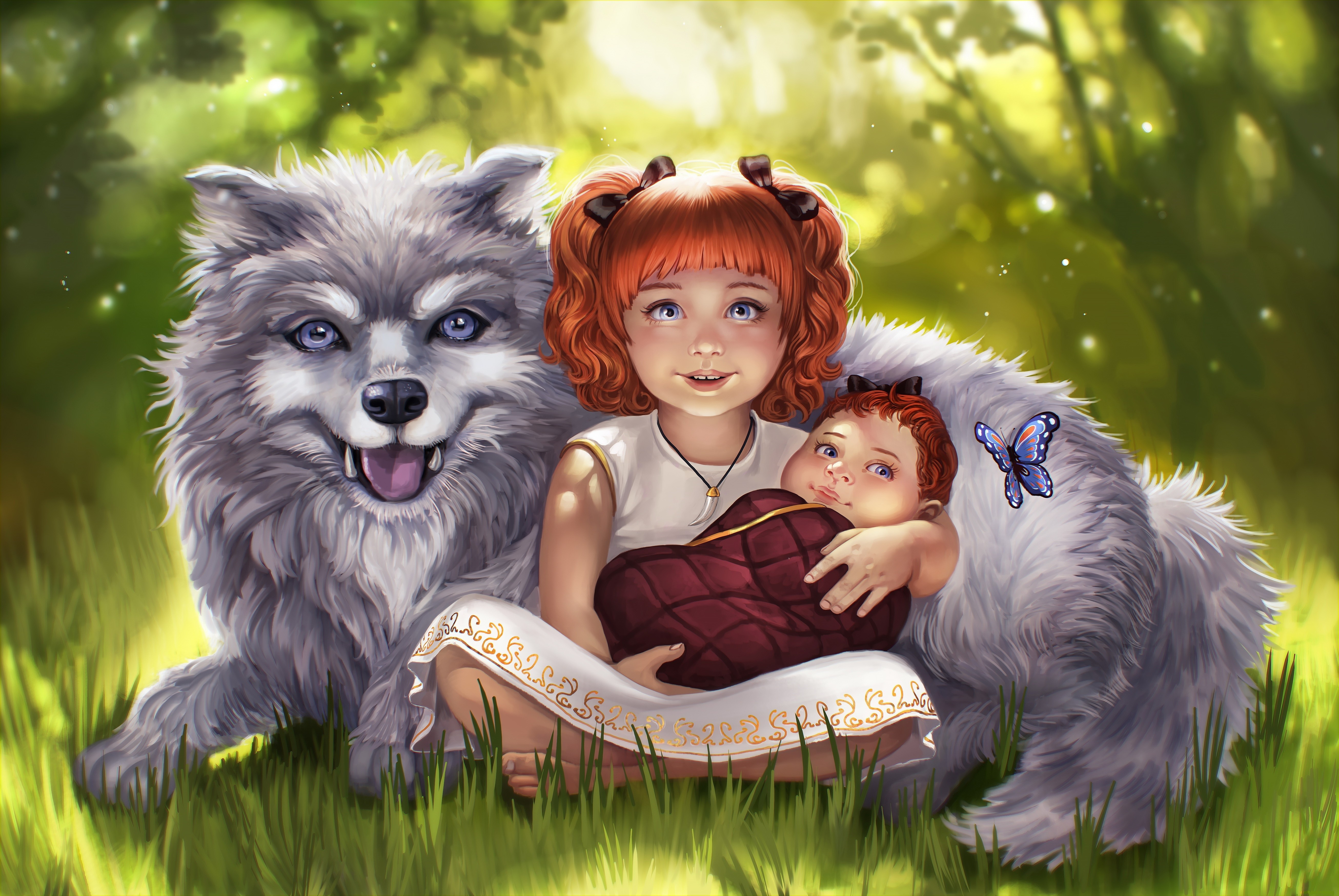 Girl with Baby and Wolf in Forest HD Wallpaper