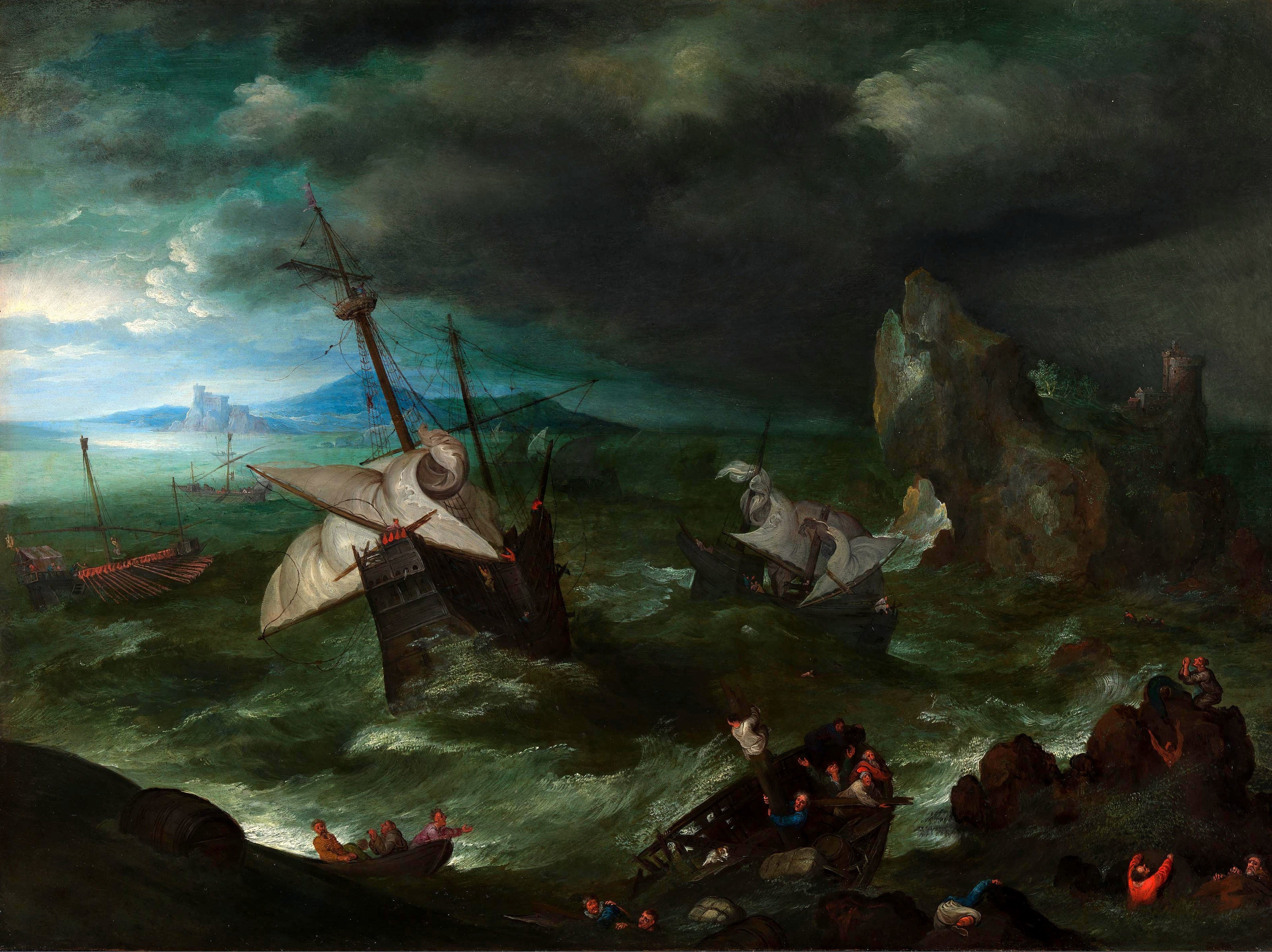 A Sea Storm with Ships and a Castle HD Wallpaper
