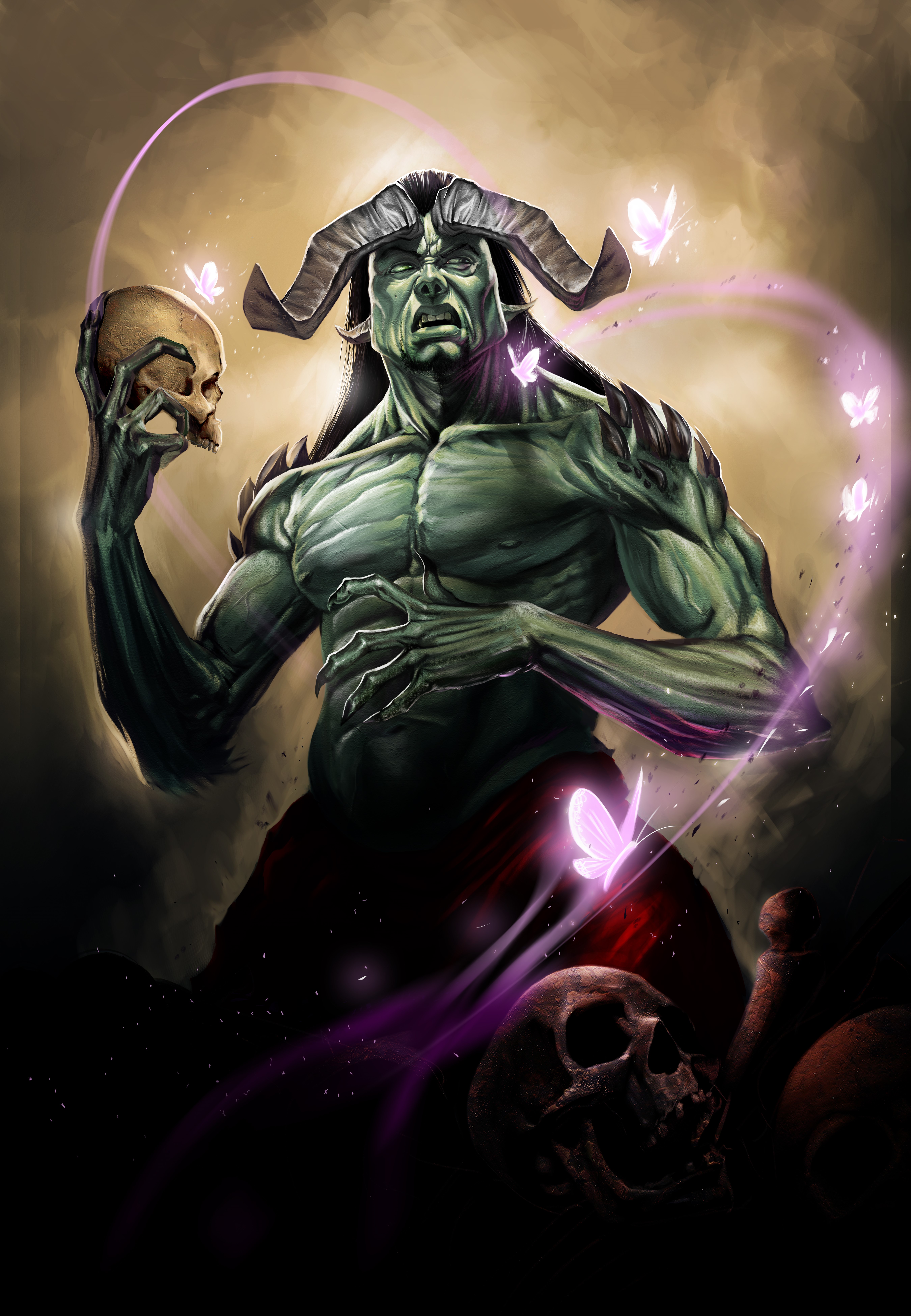 Green demon holding a skull with butterflies HD Phone Wallpaper
