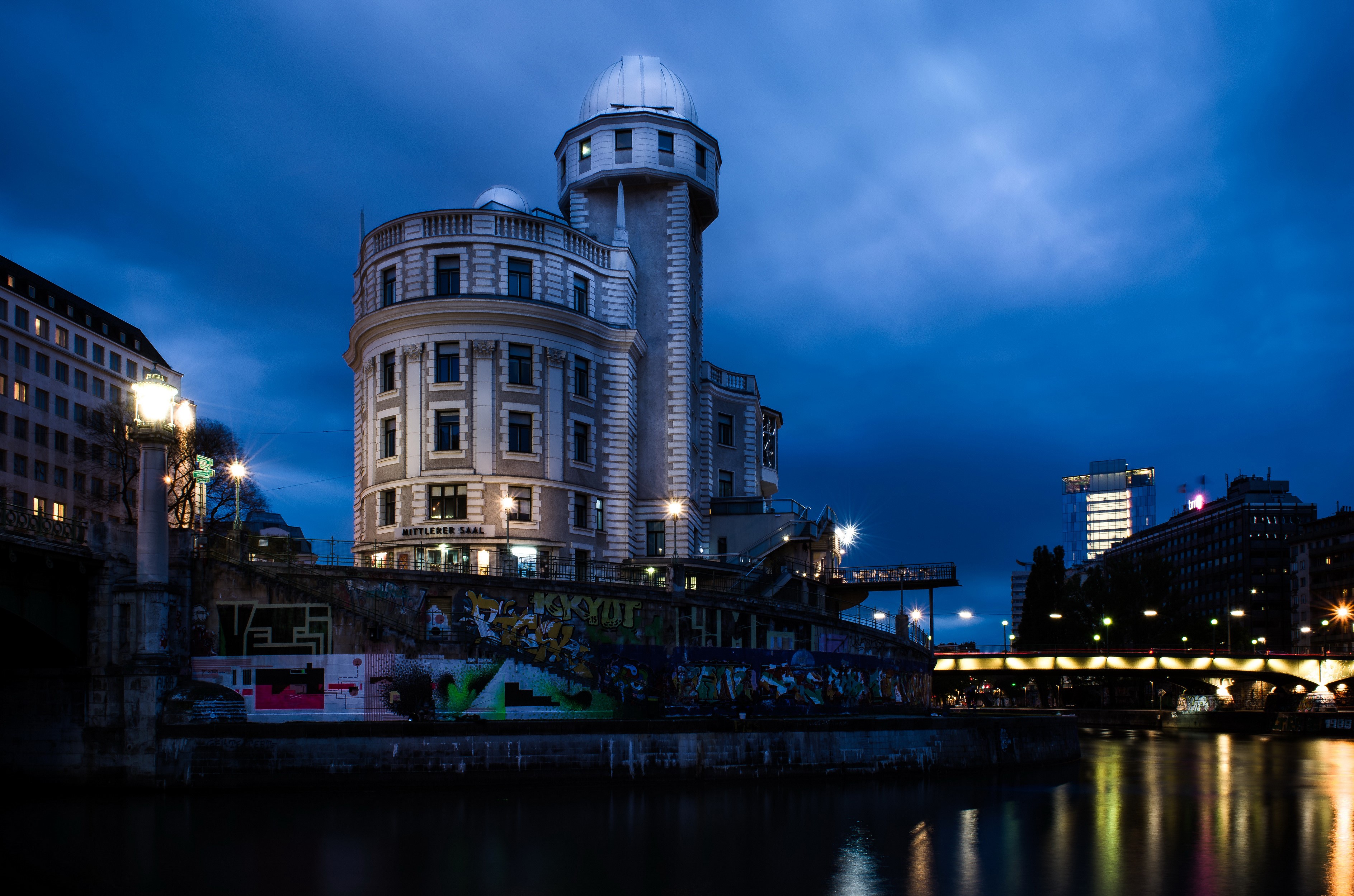 Vienna Observatory building at night by the river HD Wallpaper