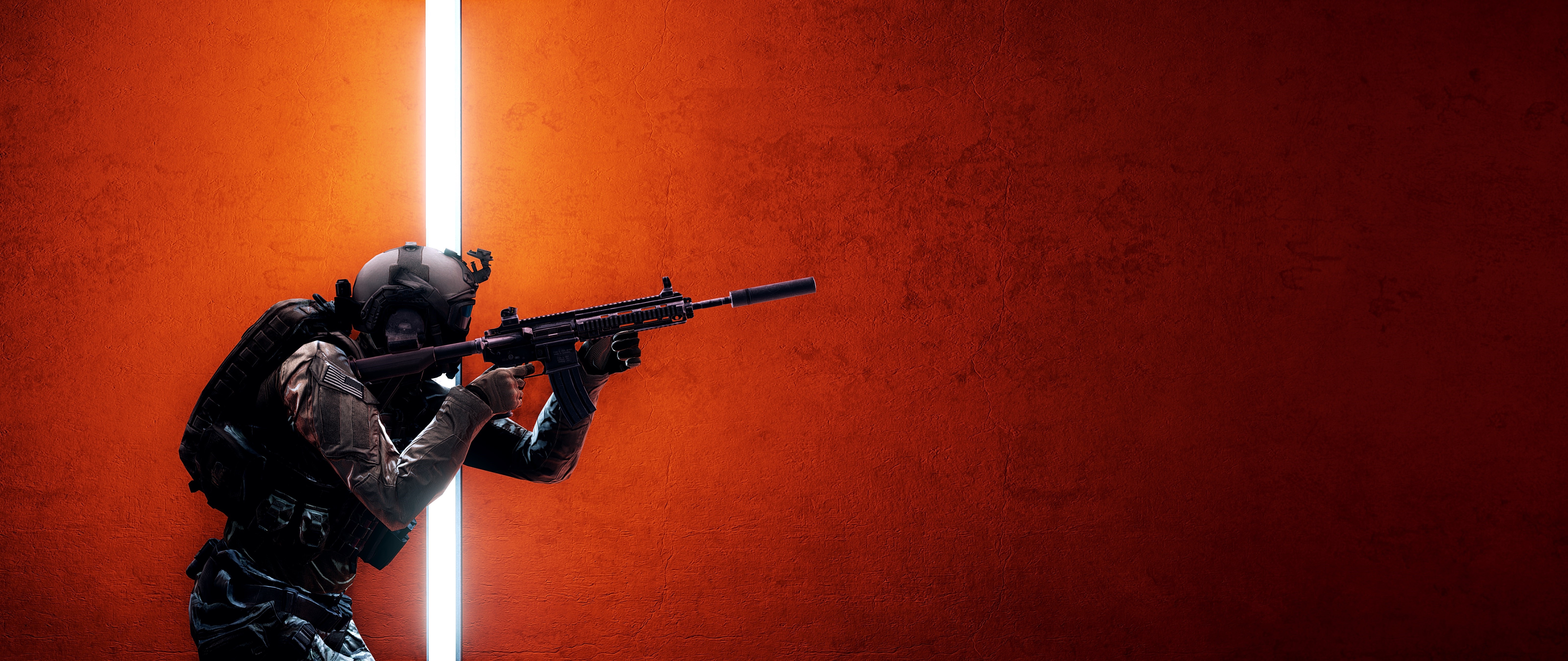 Soldier with Assault Rifle in front of Orange Wall HD Wallpaper