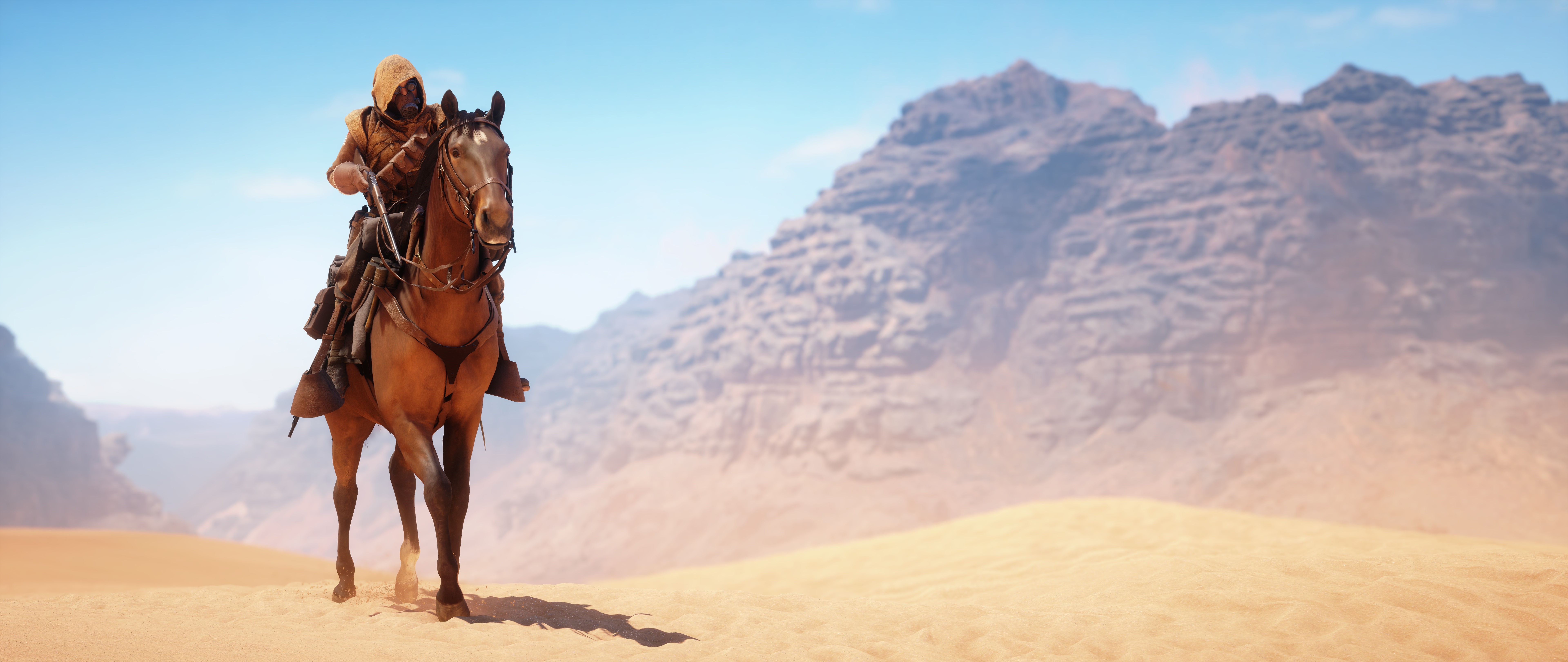 Soldier on horseback in desert with mountains HD Wallpaper