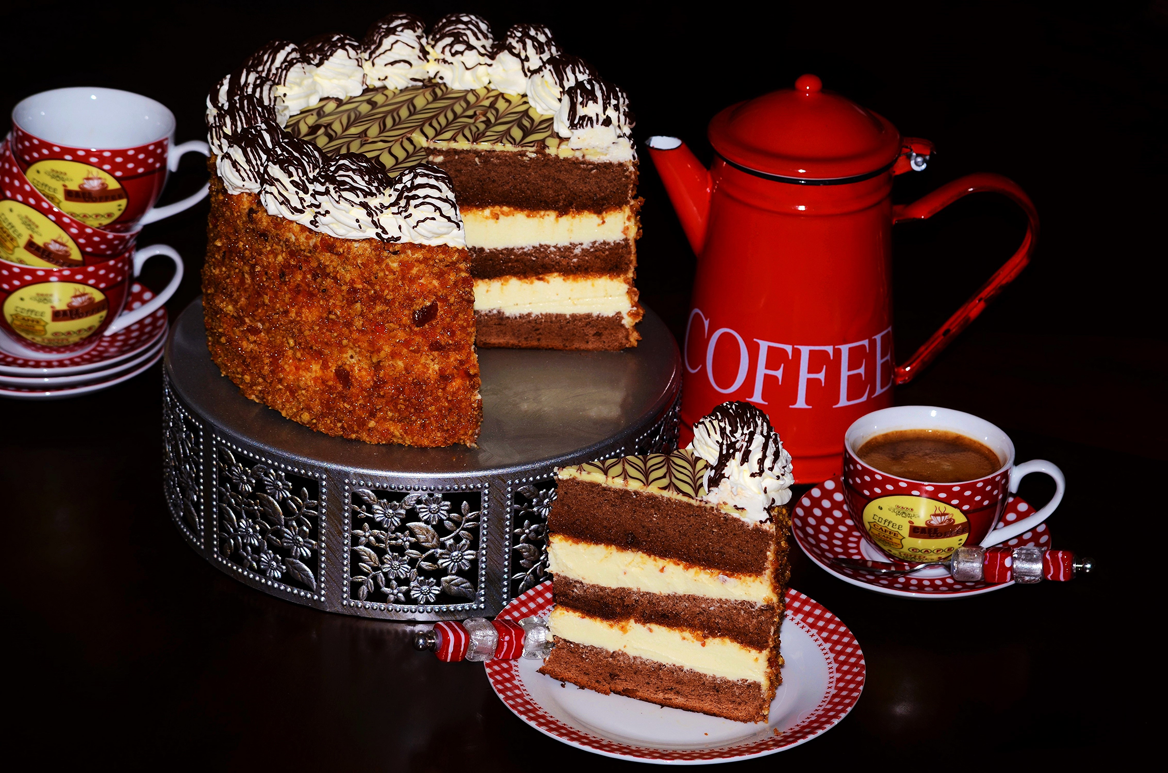 Chocolate cake with cream and coffee set HD Wallpaper