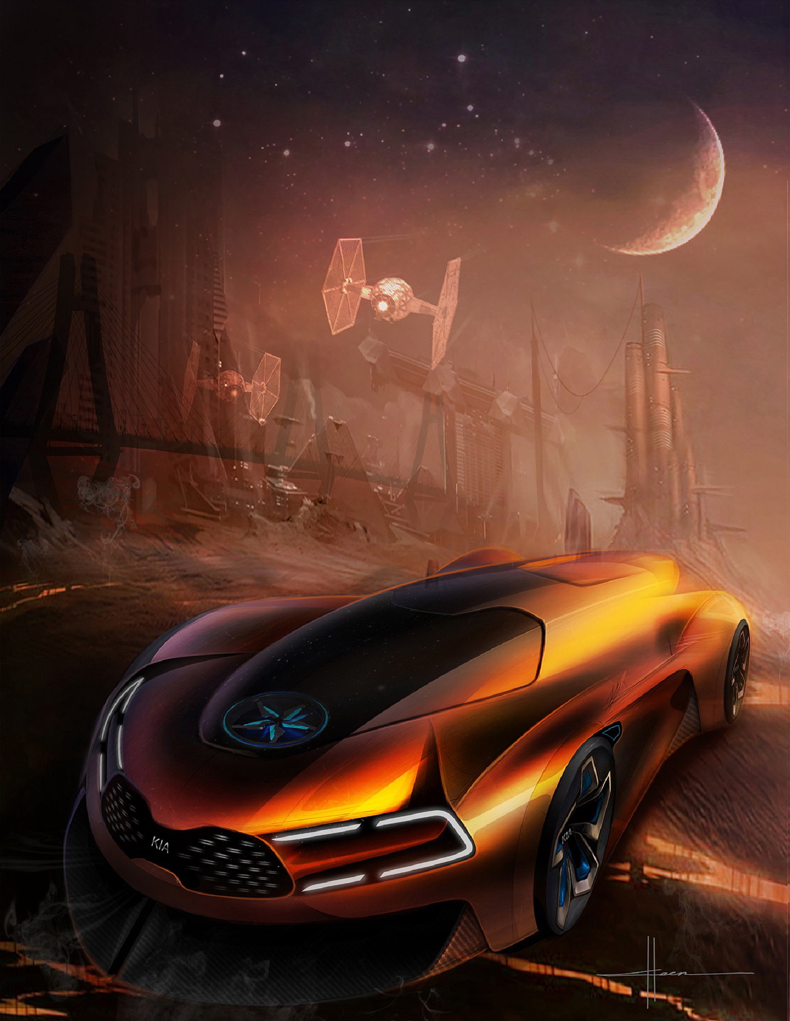 KIA concept car in a futuristic alien landscape HD Phone Wallpaper