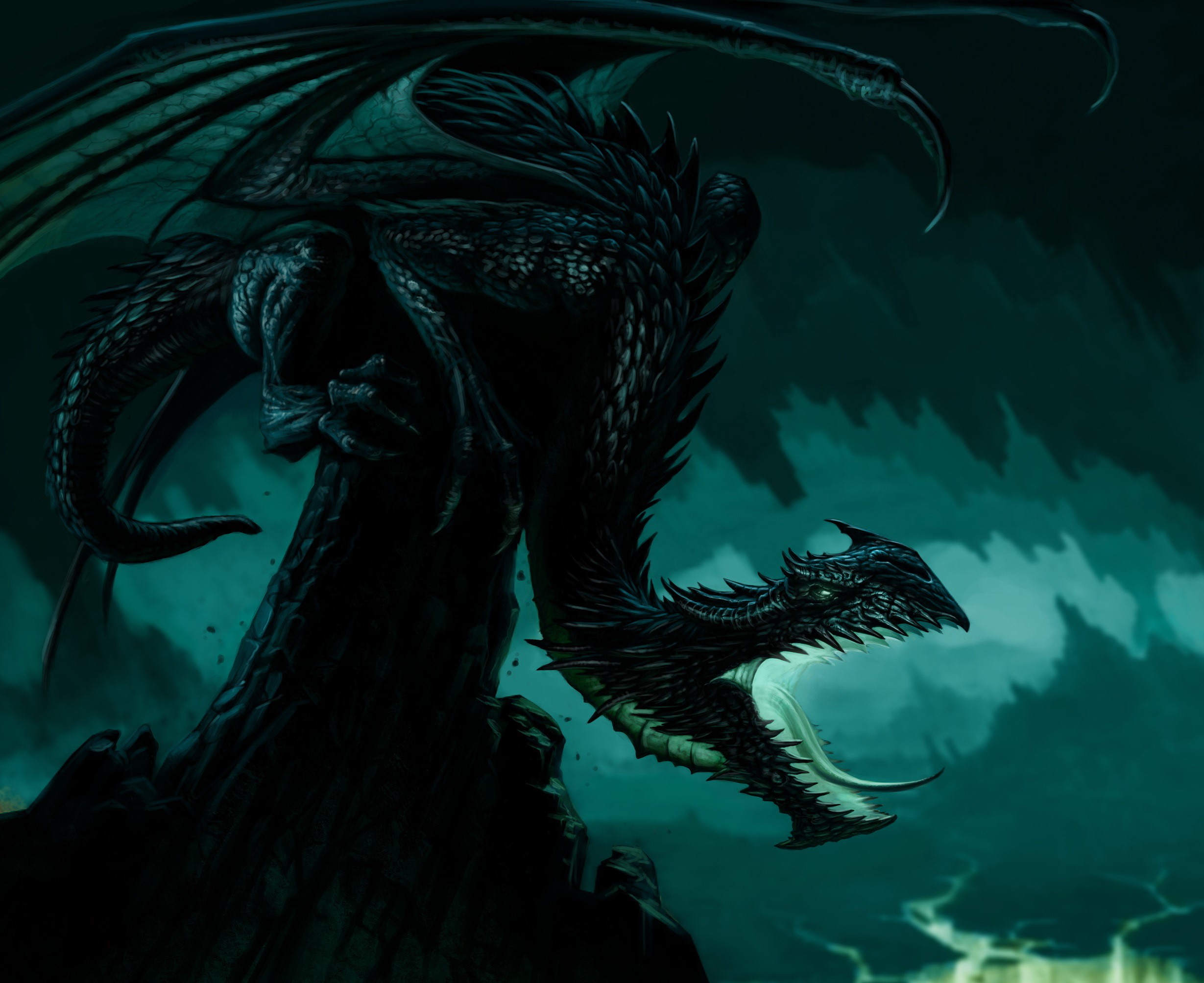 A black dragon roars from a rocky perch HD Wallpaper