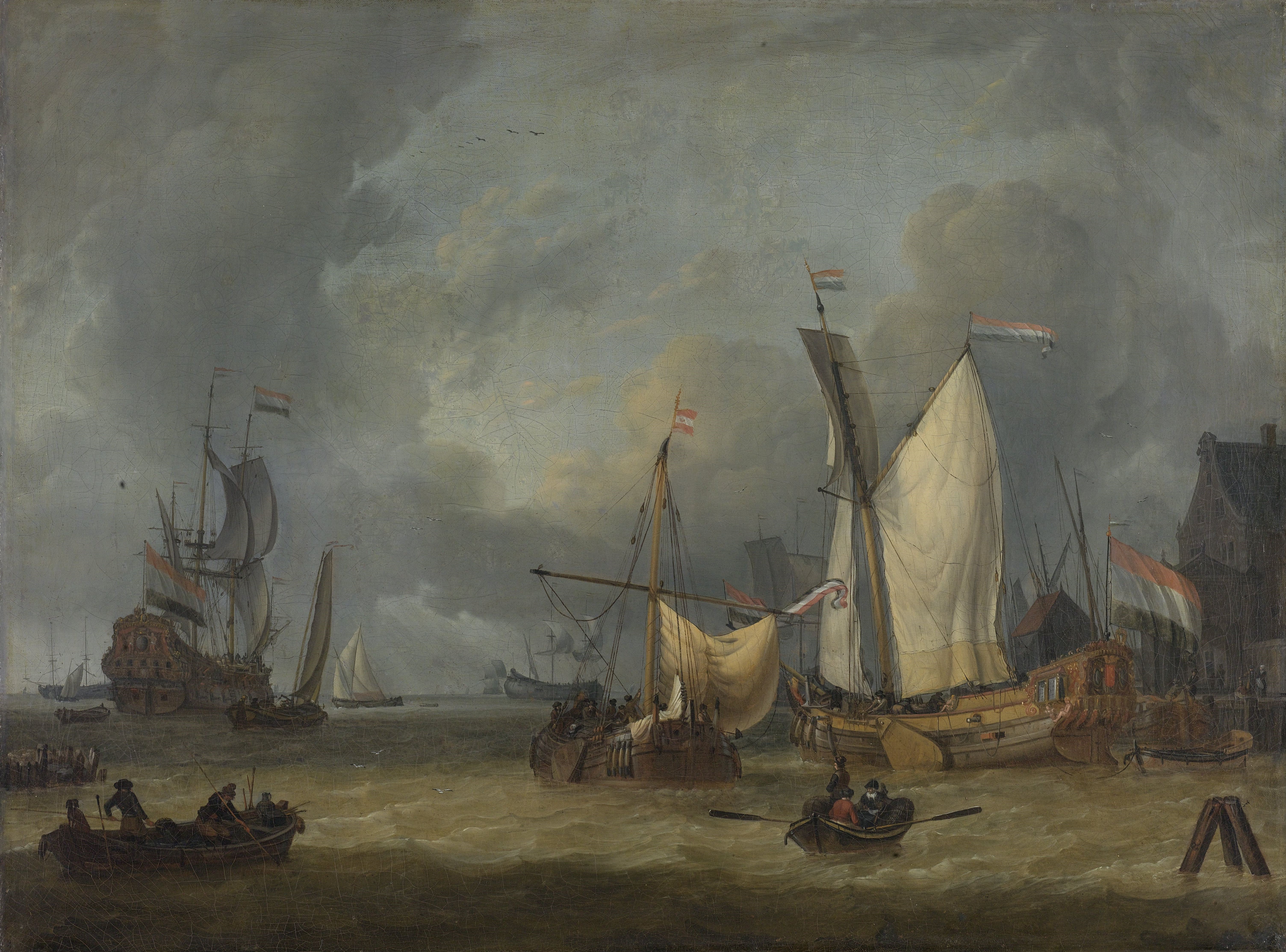 A Storm (Ships in the Harbor in a Stiff Breeze) by Jan Claesz Rietschoof HD Wallpaper