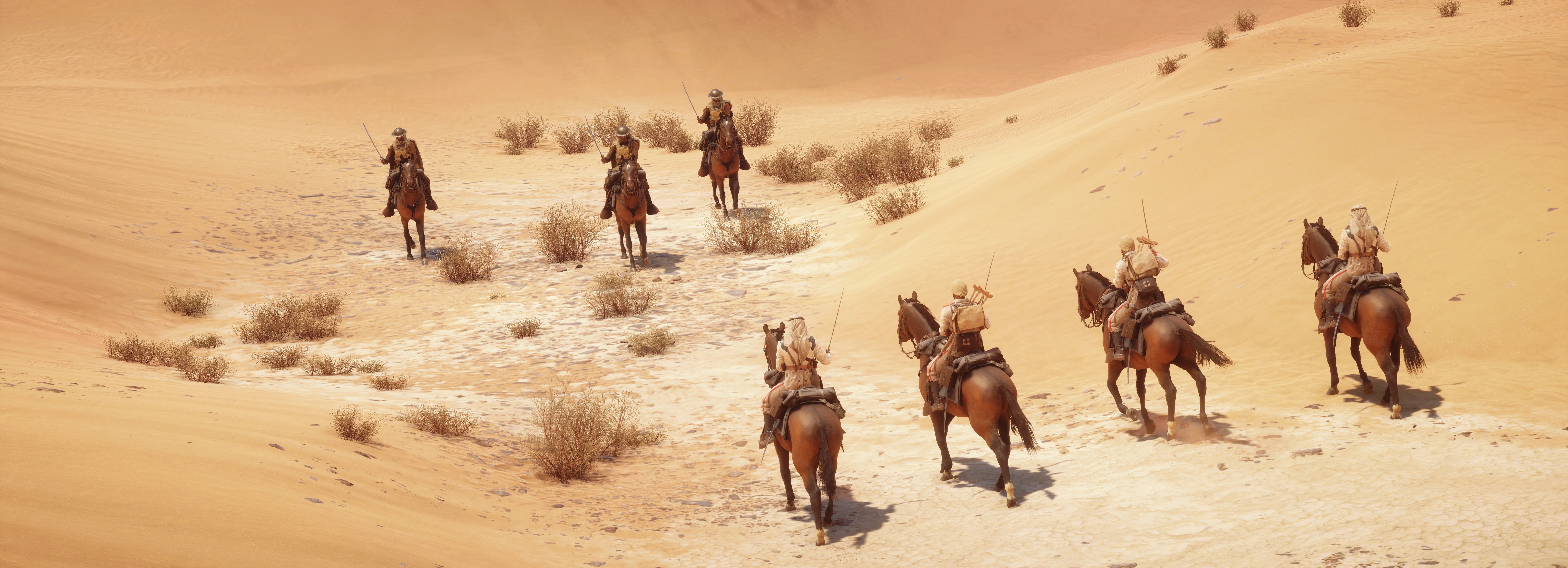 Soldiers on horses in a desert landscape from Battlefield 1 HD Wallpaper