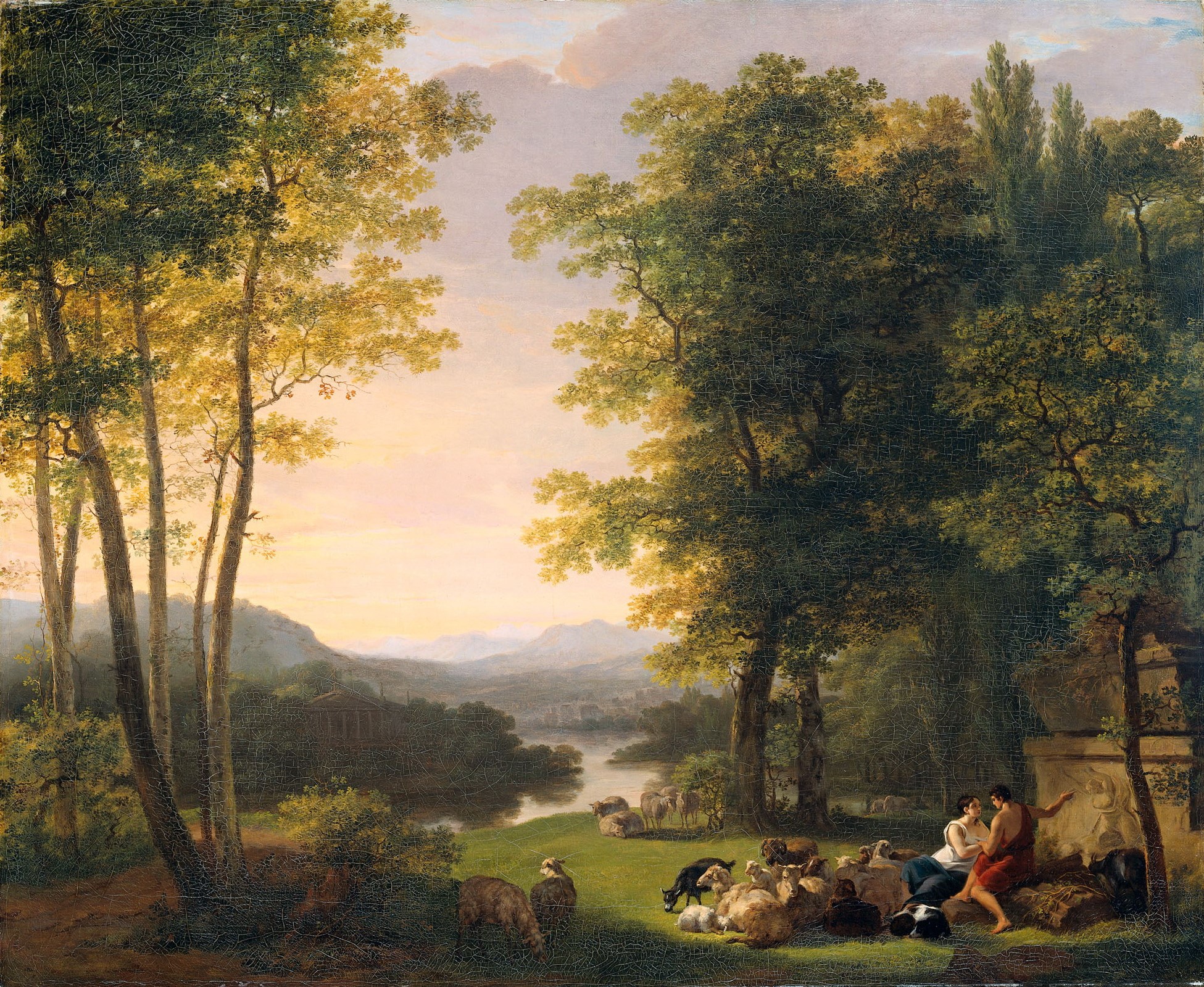 Arcadian landscape with figures and sheep HD Wallpaper