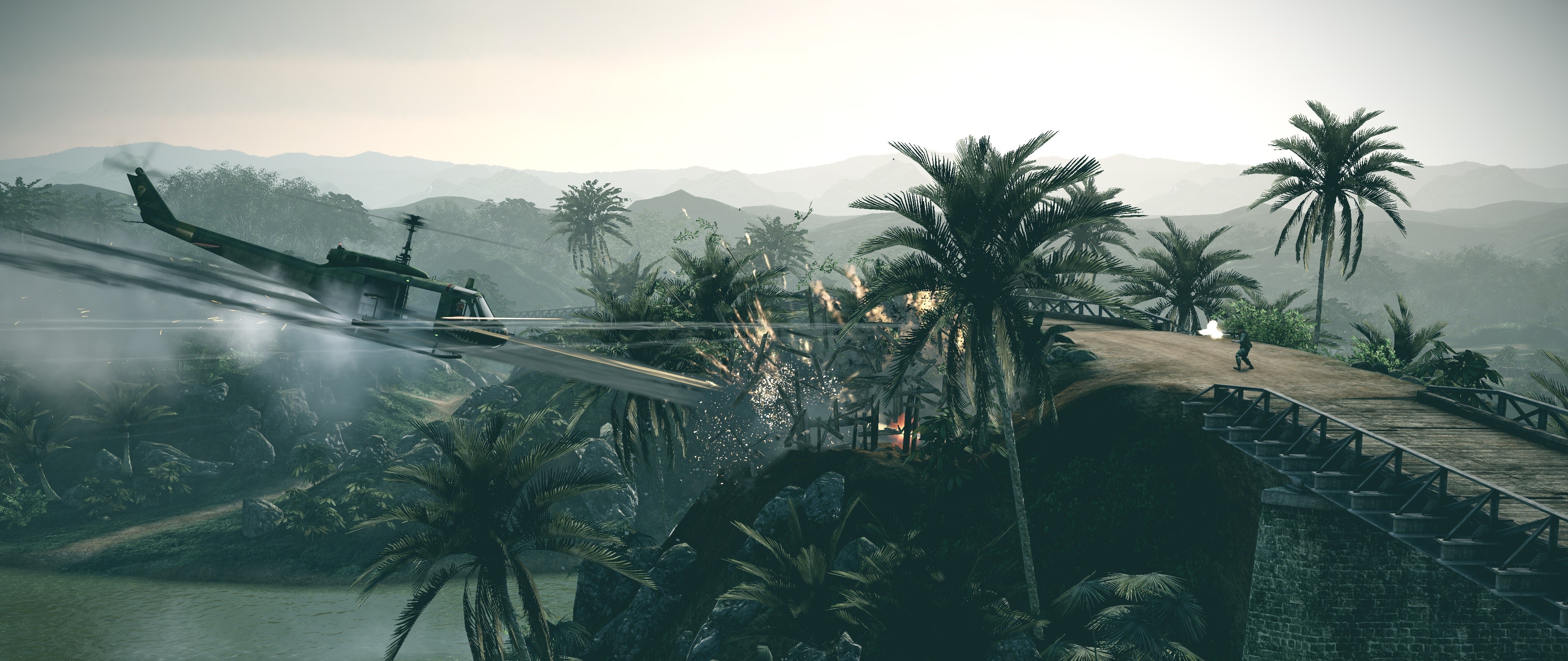 Helicopter and soldier on a bridge in Battlefield: Bad Company HD Wallpaper