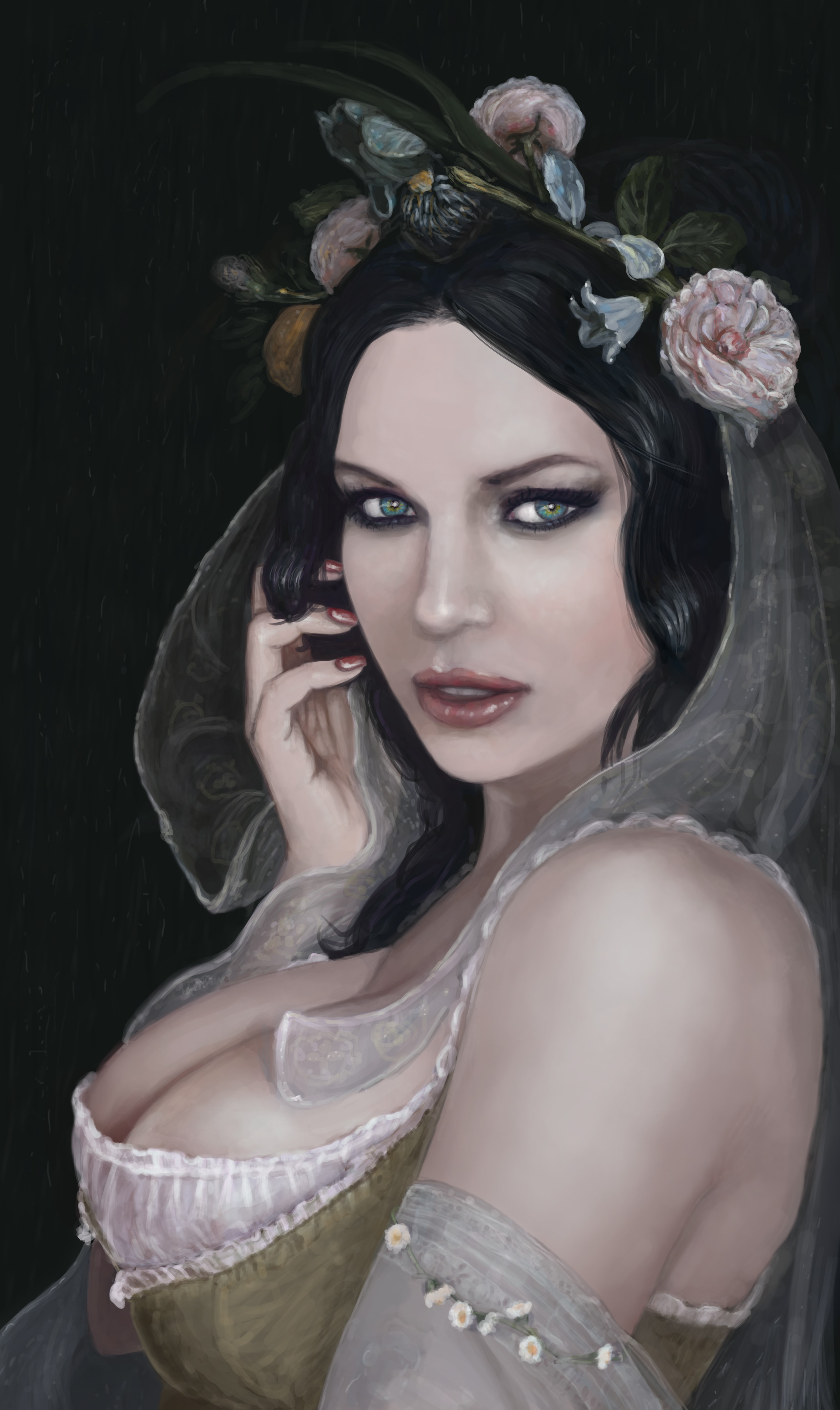 Painting of a Brunette Woman with Flowers HD Phone Wallpaper