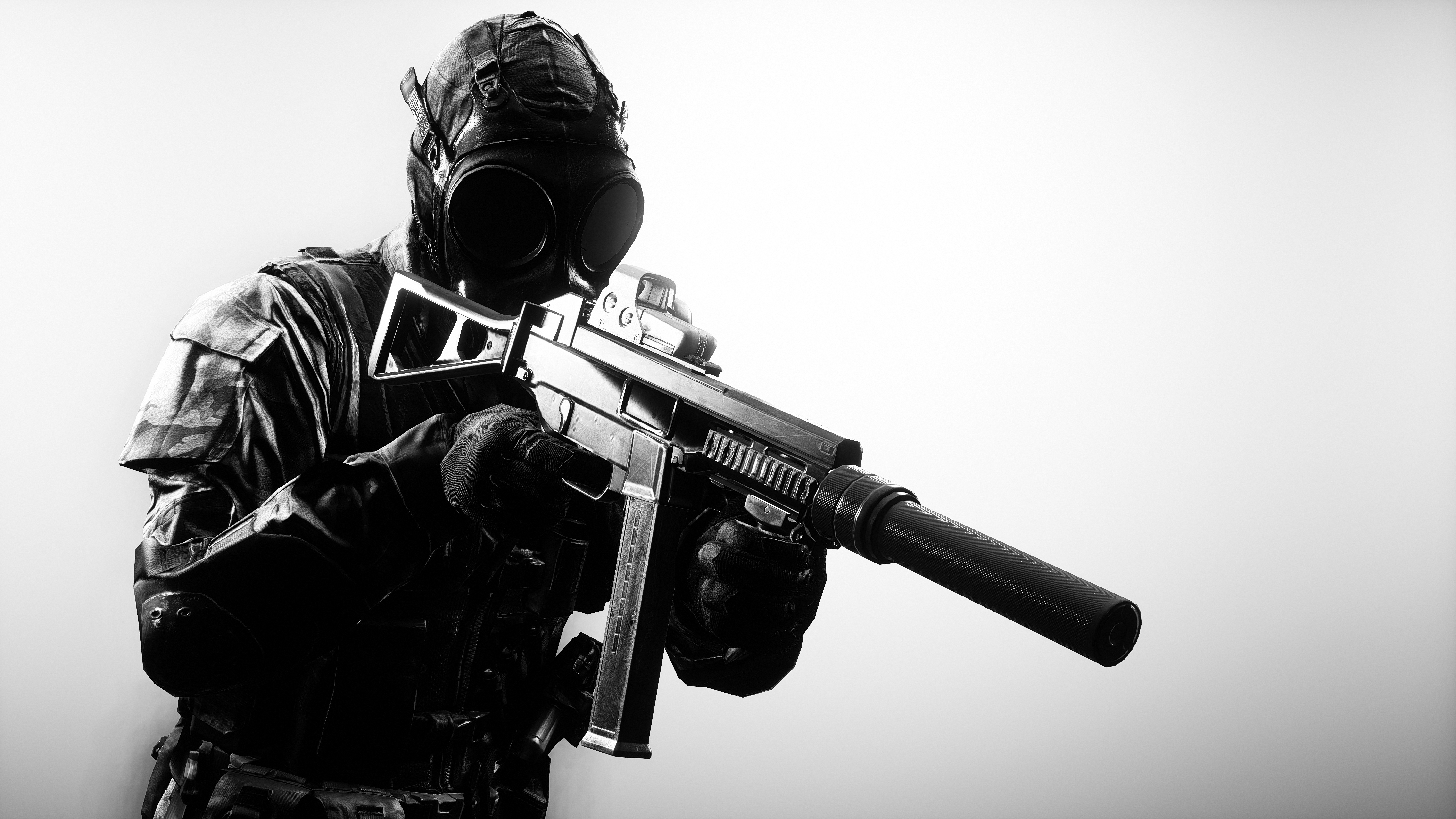 Soldier in gas mask holding assault rifle HD Wallpaper