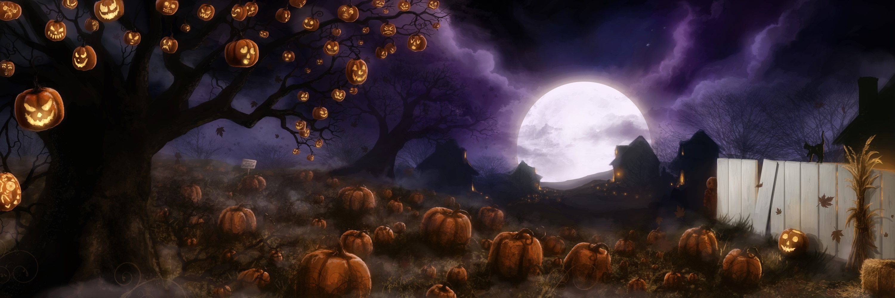 Halloween Night with Pumpkins and Full Moon HD Wallpaper