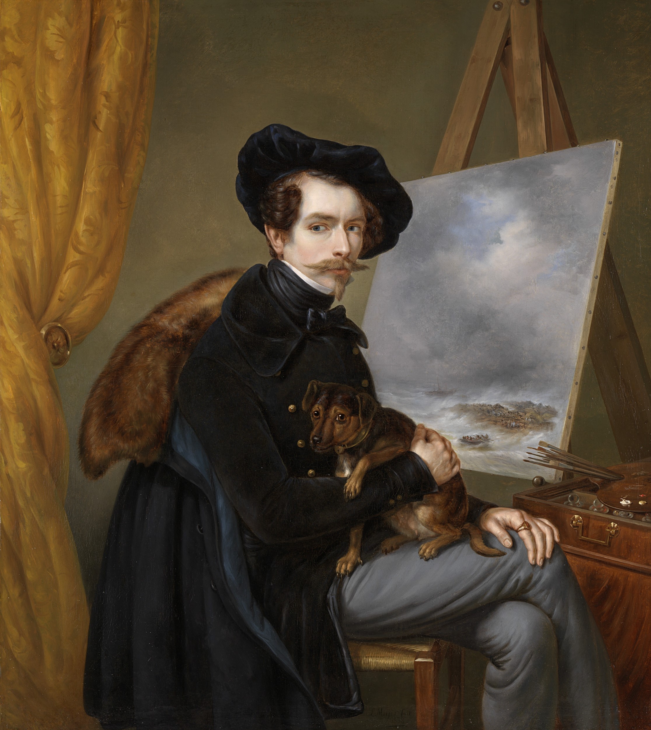 Self-portrait of Johan Hendrik Louis Meijer with a dog HD Wallpaper