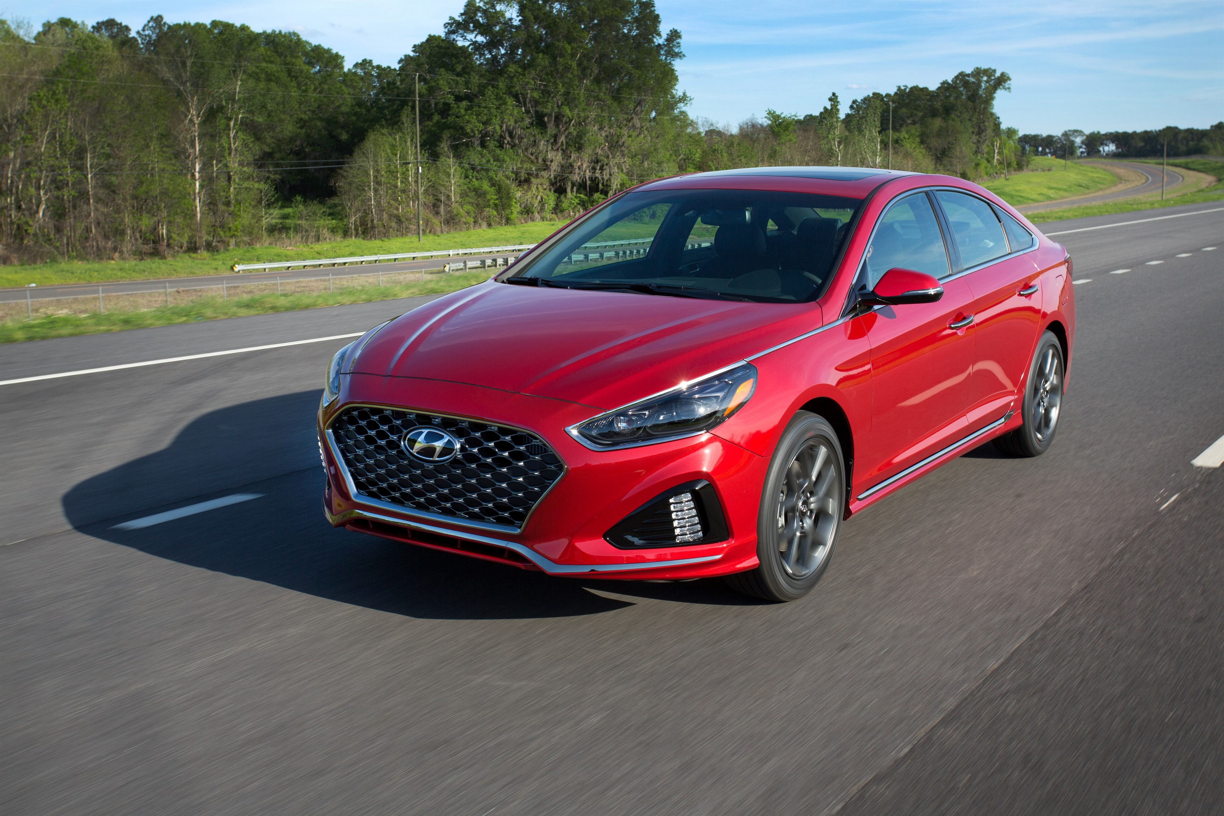 Red 2018 Hyundai Sonata Sport on Highway HD Wallpaper