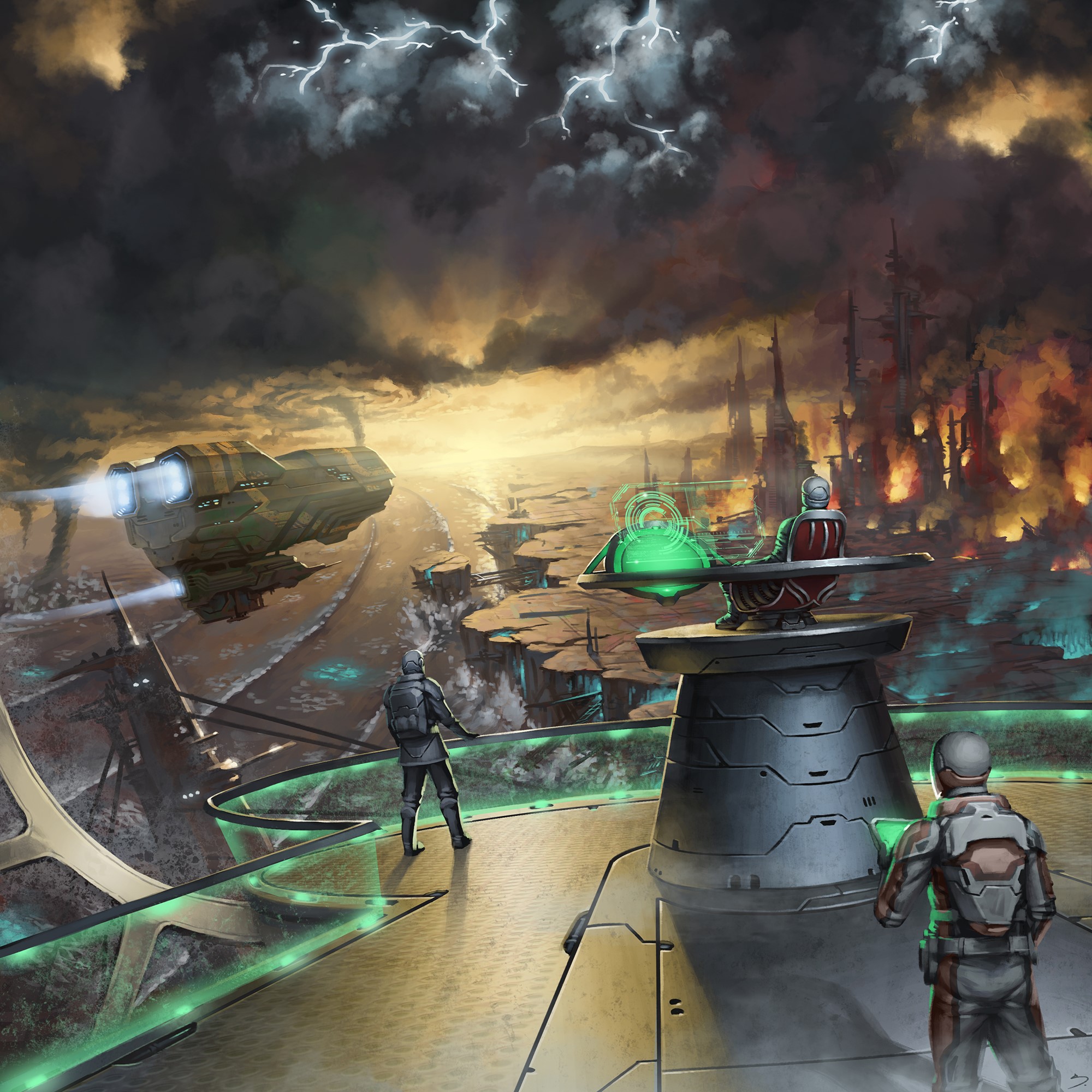 Sci-fi soldiers on a platform overlooking a burning city HD Wallpaper
