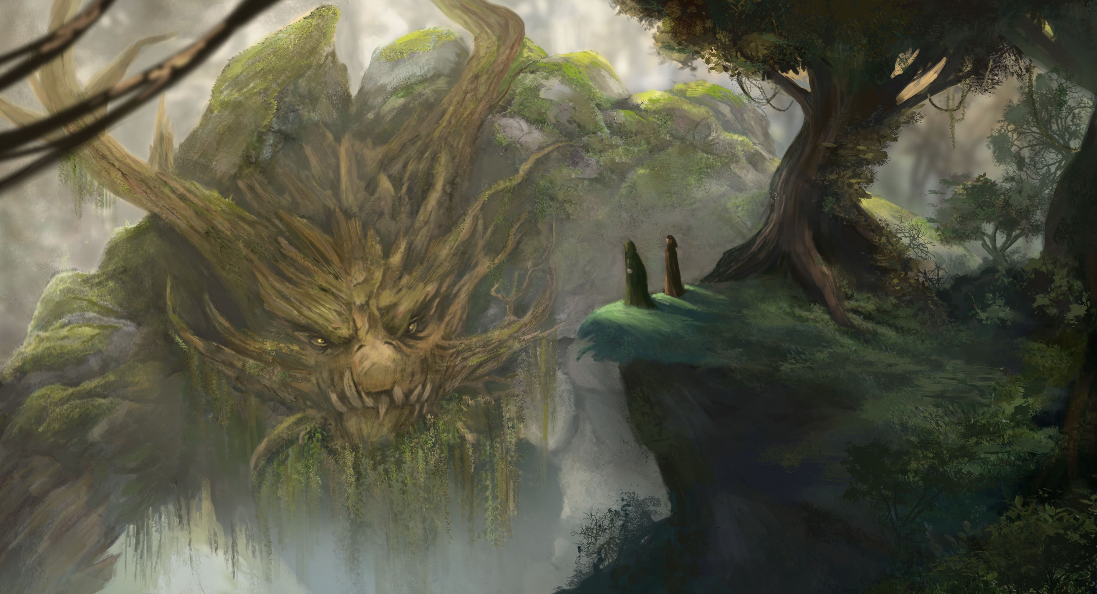 Giant moss-covered tree monster in a misty forest HD Wallpaper
