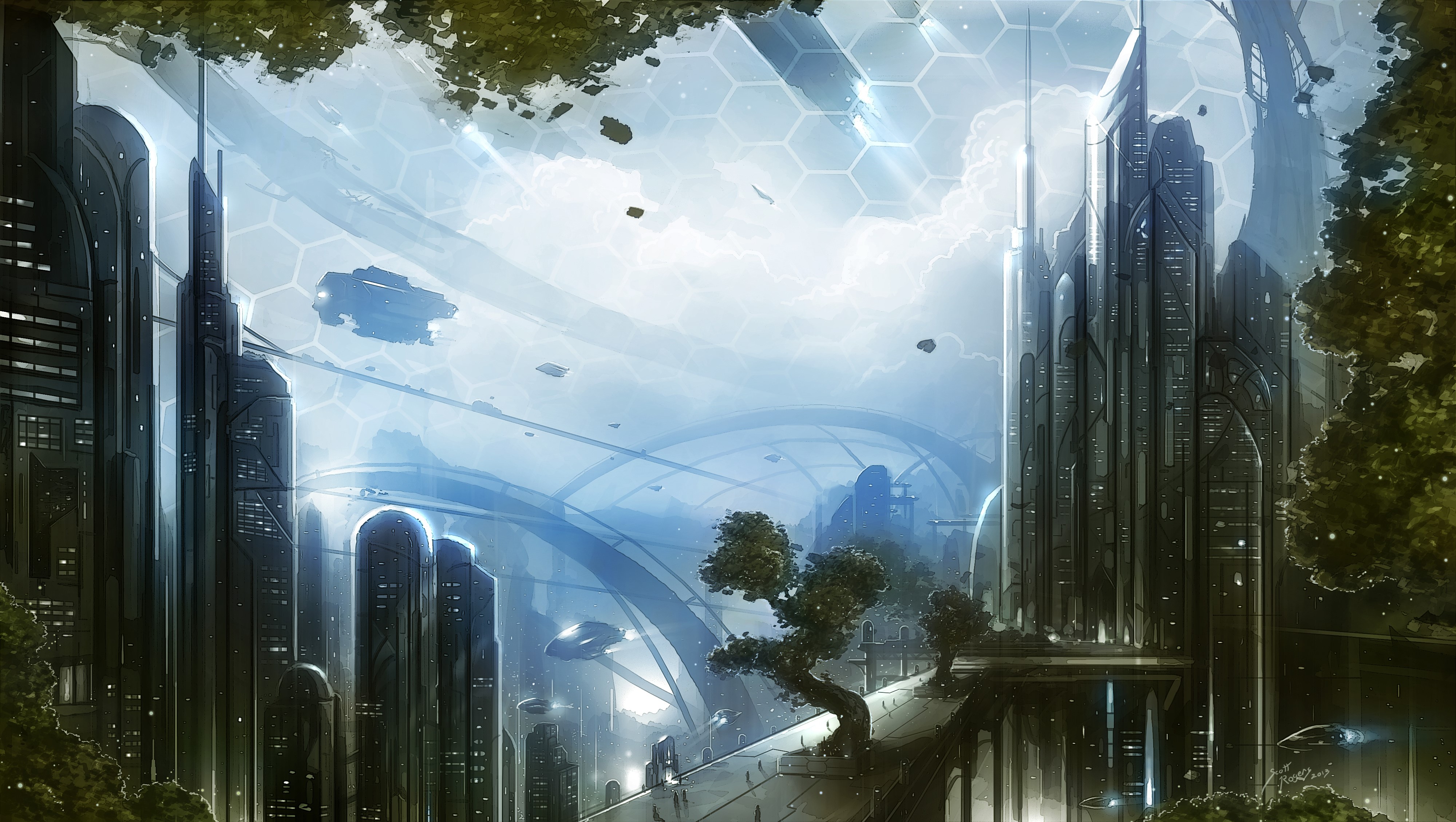 Fantastic world with futuristic skyscrapers and flying vehicles HD Wallpaper