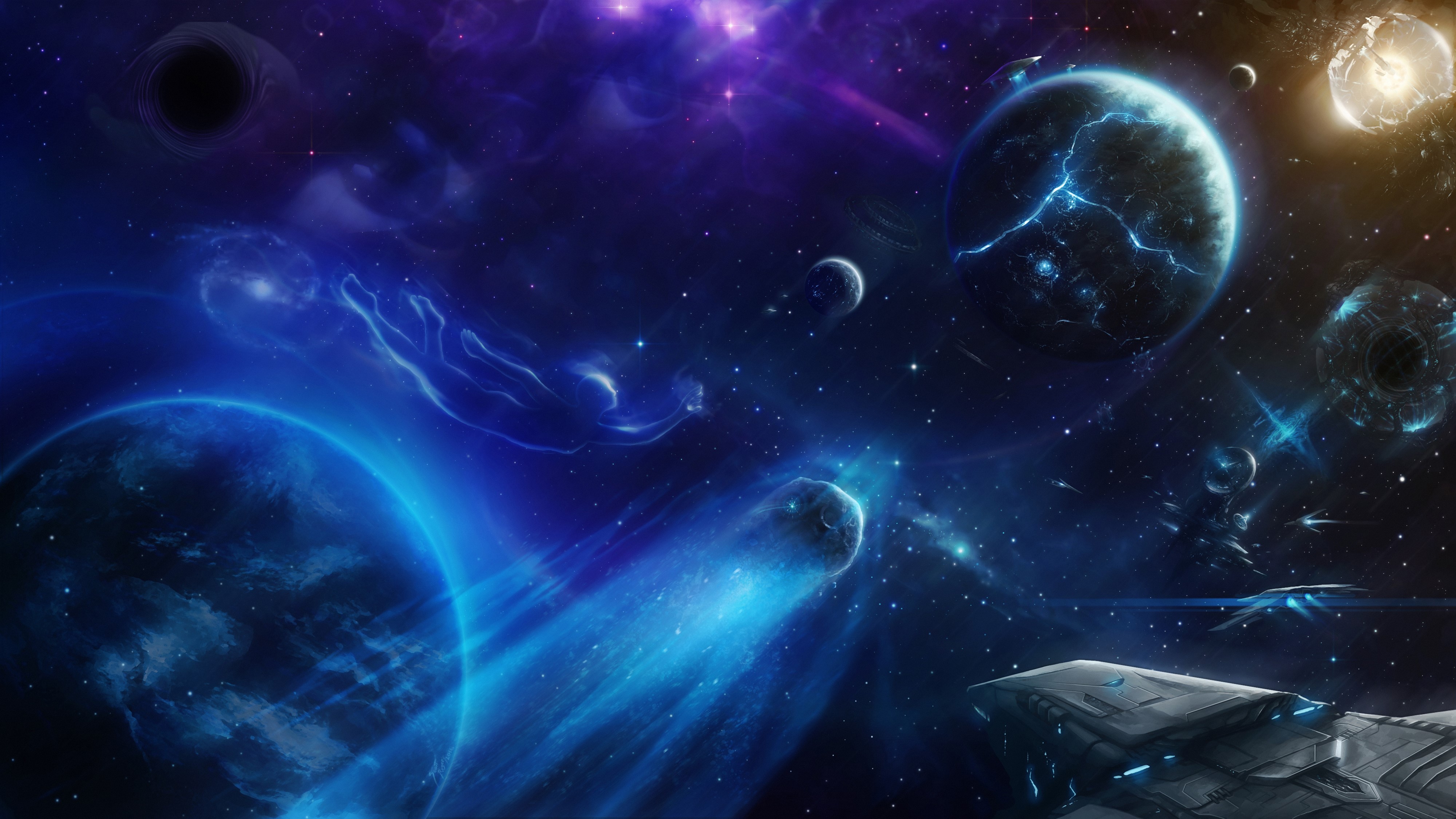 4K Space Scene with Planets and Spaceship HD Wallpaper